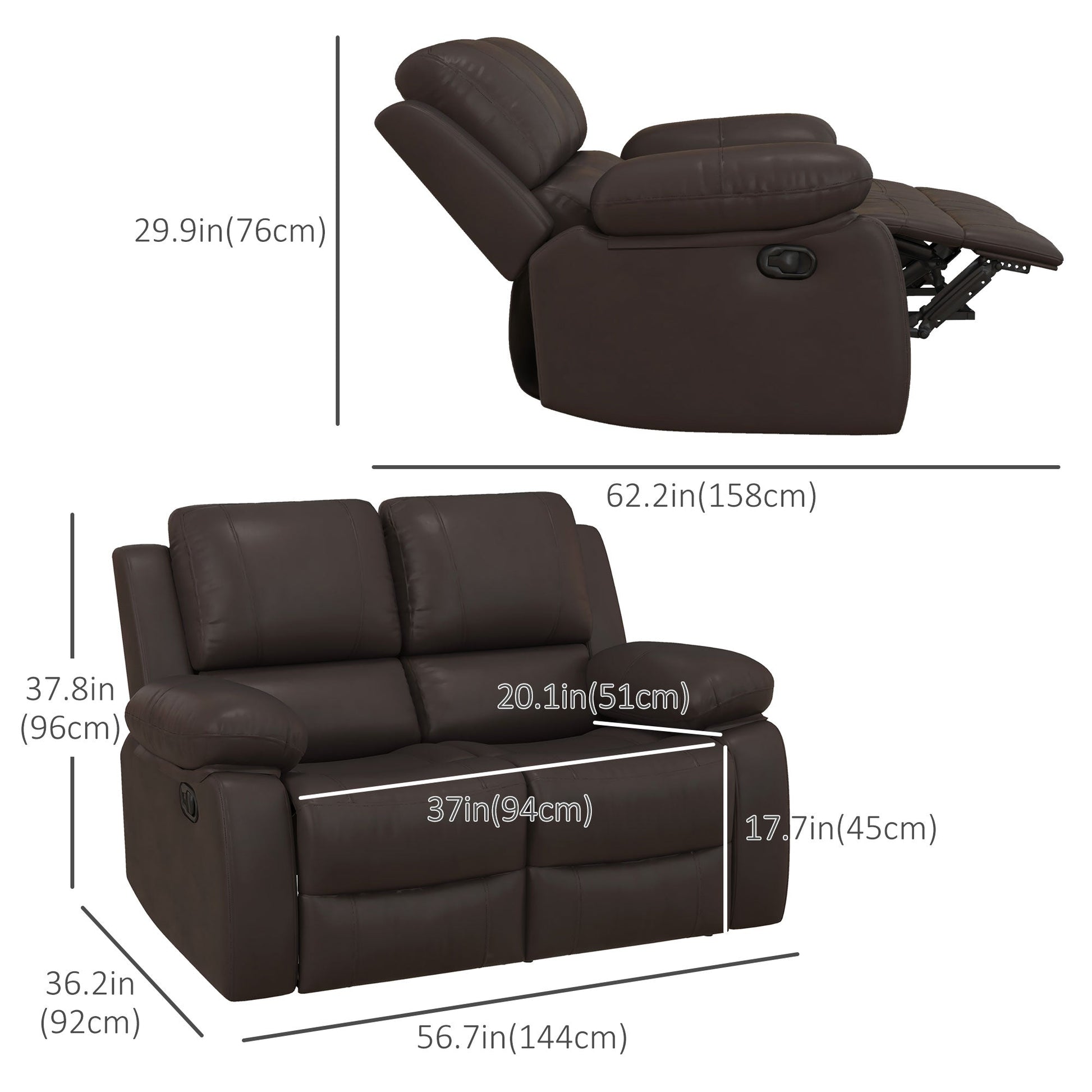 PU Leather Manual Recliner Sofa, Double Reclining Loveseat with Pullback Control Footrest for Living Room, Brown 2-Seater Sofas   at Gallery Canada