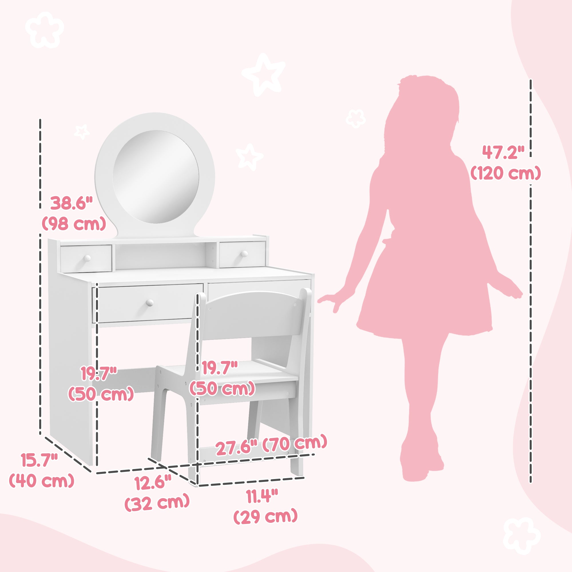 Kids Vanity Set, Children Makeup Table with Mirror, Stool and Storage Drawers, for Ages 3-8, White Toy Vanity   at Gallery Canada