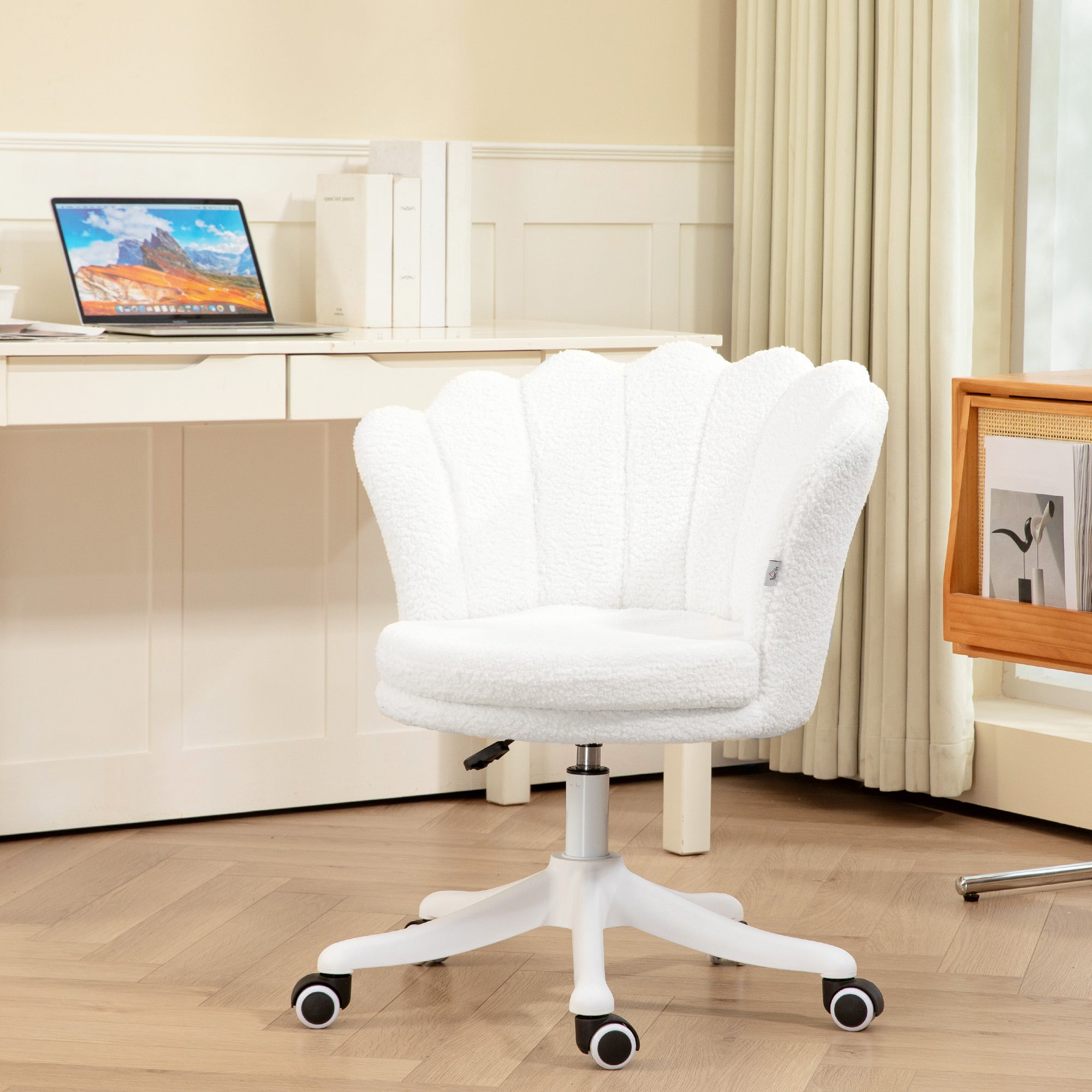Adjustable Height Study Chair, Mid Back Berber Fleece Office Chair with Swivel Wheels for Living Room, Study, White Task Chairs at Gallery Canada
