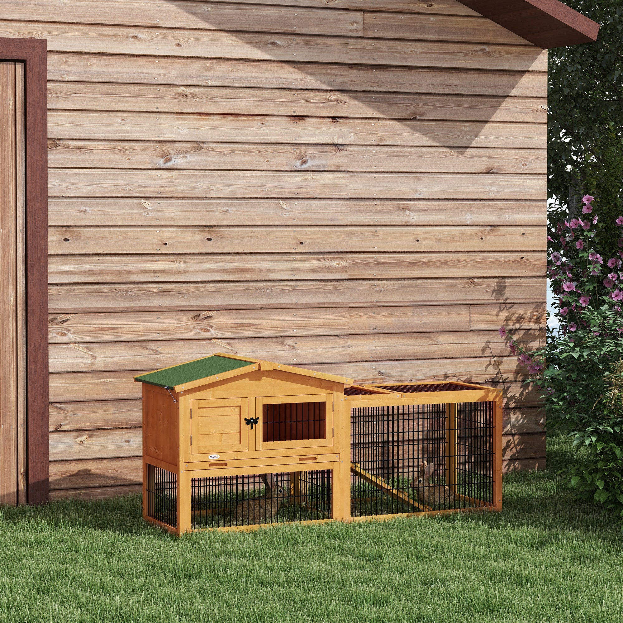 Wood Rabbit Hutch w/ Ramp, Openable Roof, Pull-out Tray, Yellow Rabbit Hutch at Gallery Canada