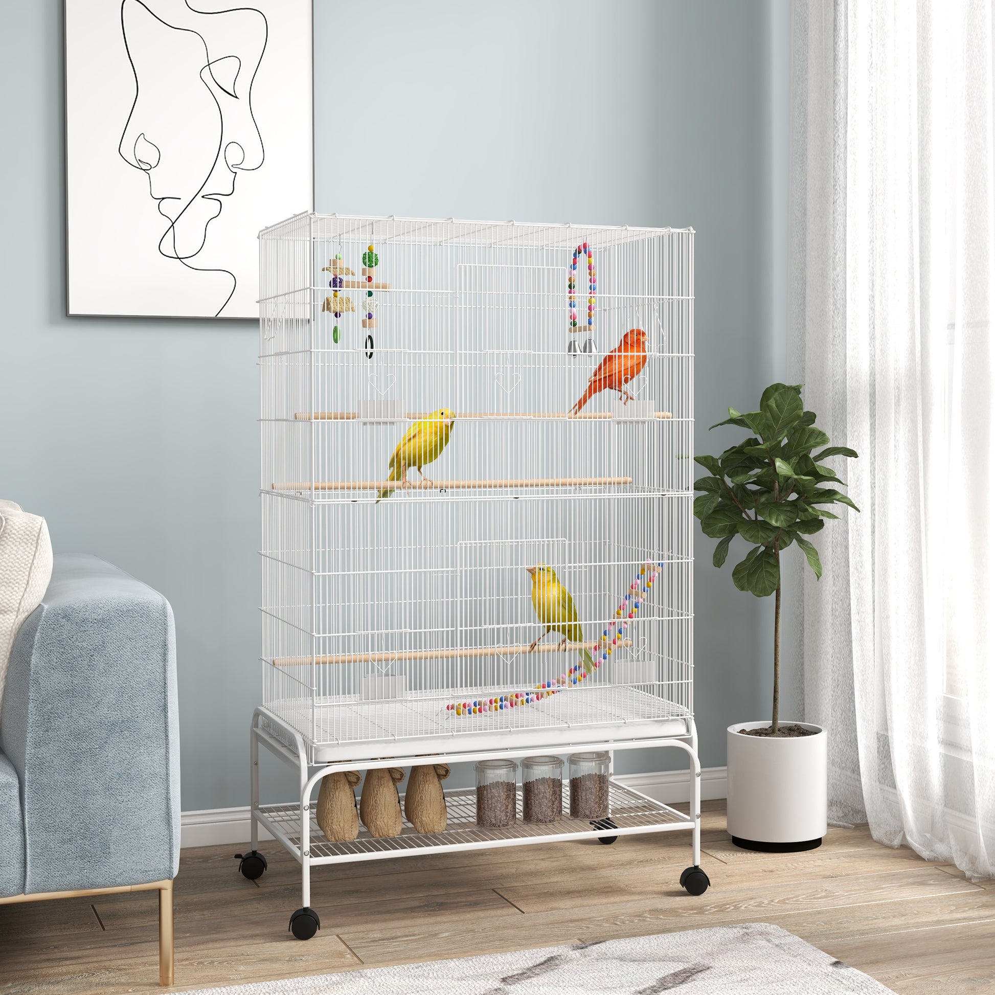 52" Bird Cage with Rolling Stand, Toys, for Budgies Canaries White Bird Cages White  at Gallery Canada