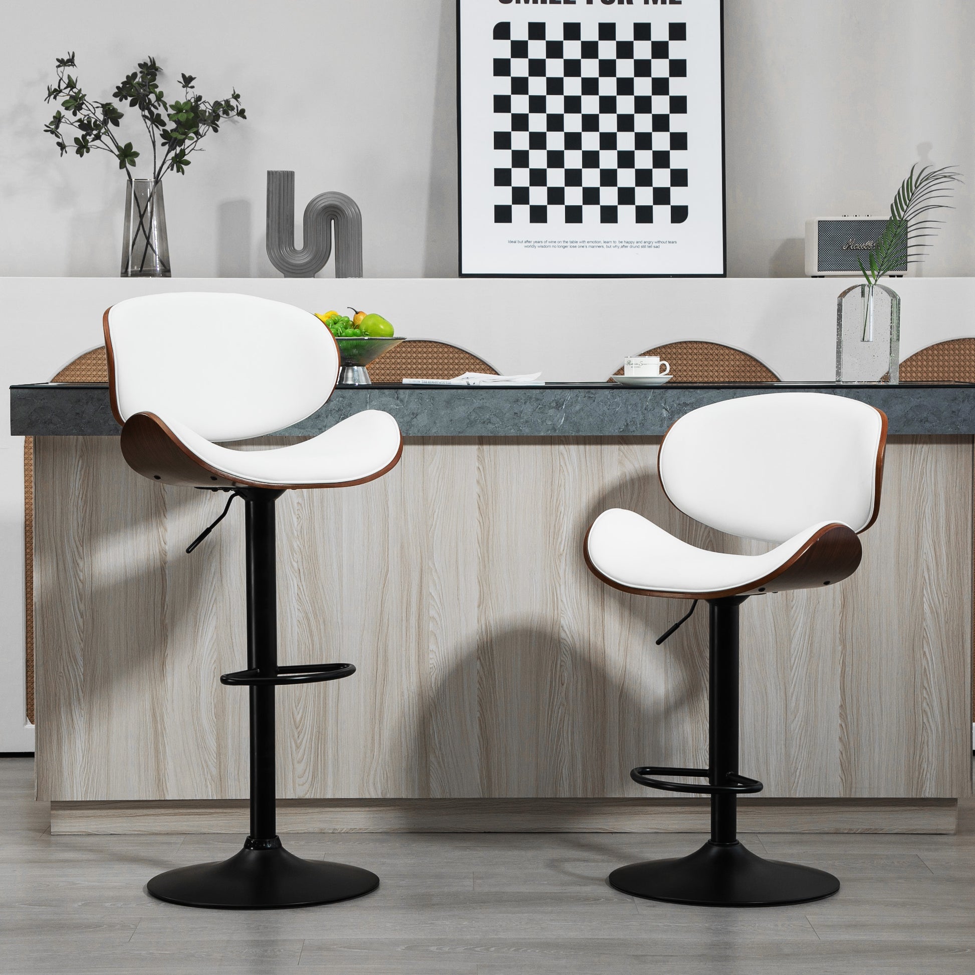 Bar Stools Set of 2, Modern PU Leather Adjustable Swivel Barstools with Curved Back, Footrest and Steel Base, White Bar Stools   at Gallery Canada