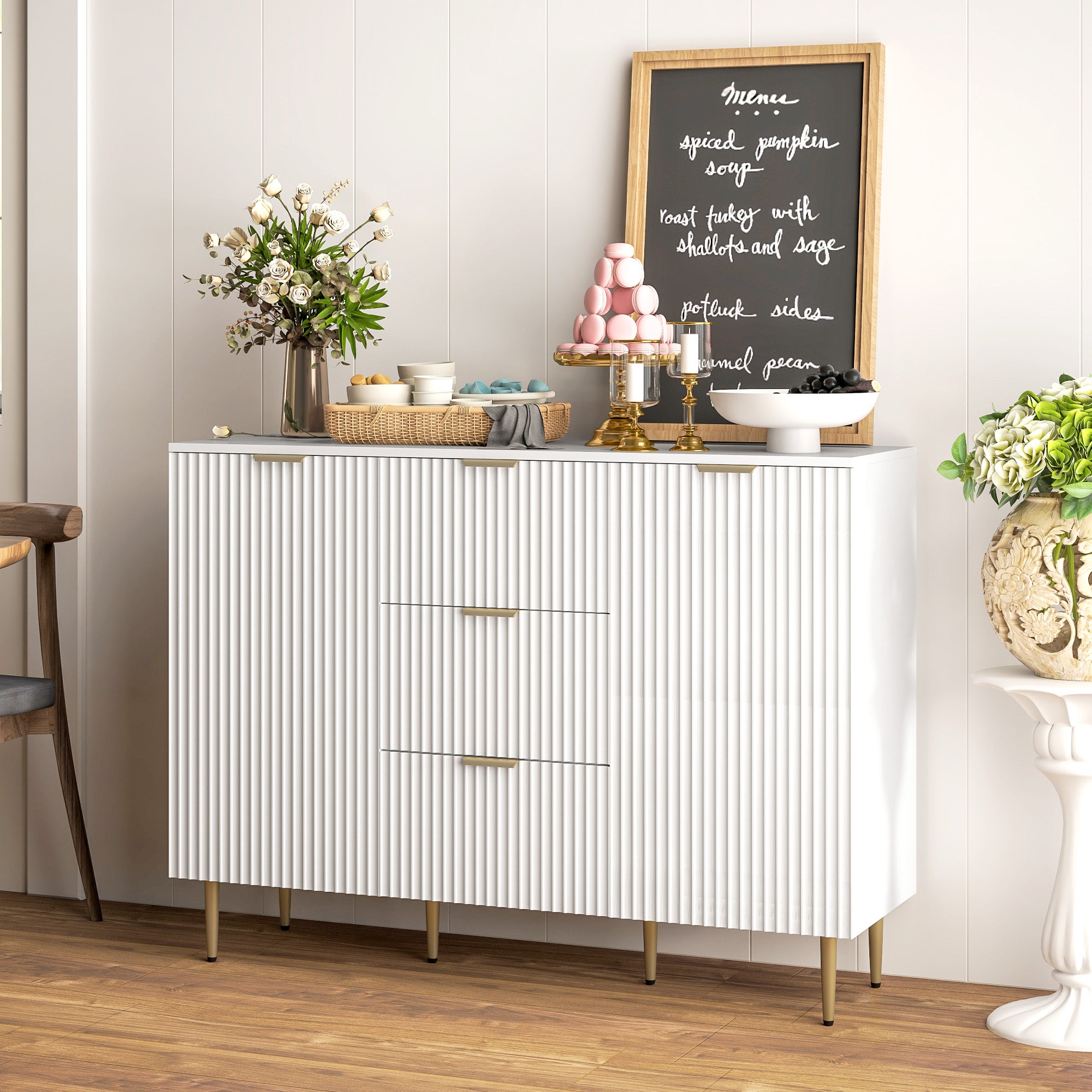 Modern Kitchen Storage Cabinet, Sideboard Buffet Cabinet w/ 3 Drawers and Adjustable Shelves for Kitchen Hallway, White Bar Cabinets White  at Gallery Canada