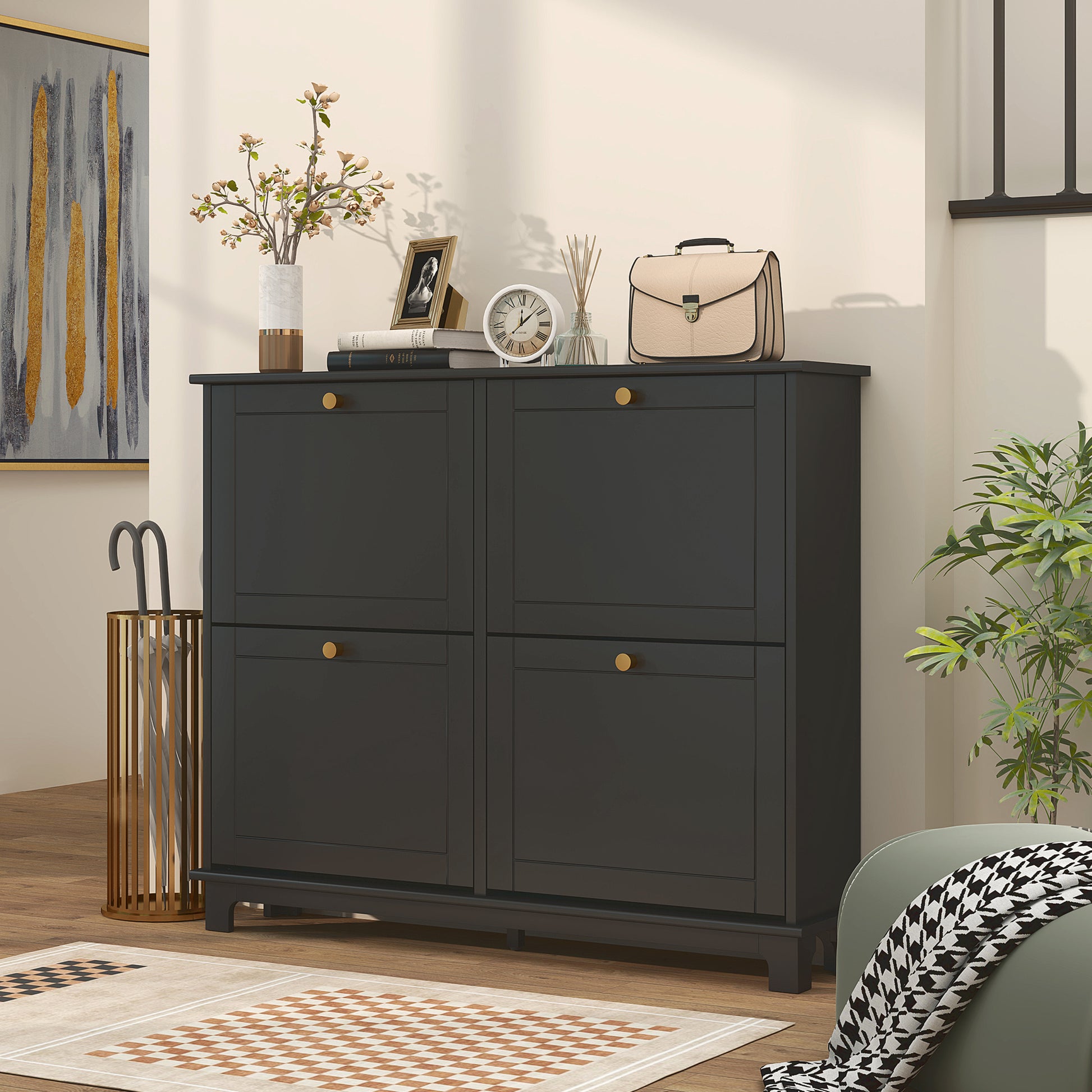 Modern Shoe Storage Cabinet, Narrow Shoe Cabinet with 4 Flip Drawers, Adjustable Shelves, 5 Legs for Entryway, Black Shoe Storage Cabinets & Racks   at Gallery Canada