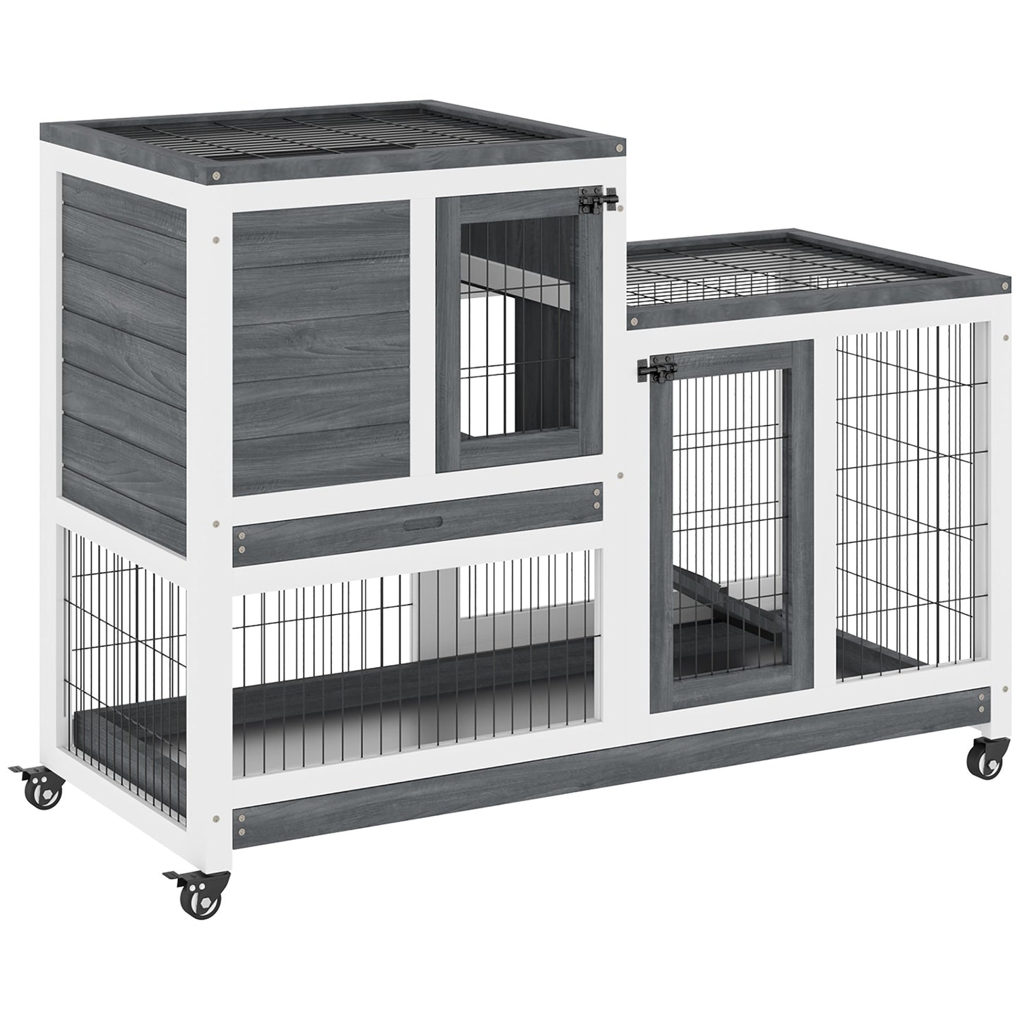 Rabbit Hutch Indoor Bunny Cage Guinea Pig House on Wheels with Run, Pull Out Trays, Grey and White Rabbit Hutch White and Grey  at Gallery Canada