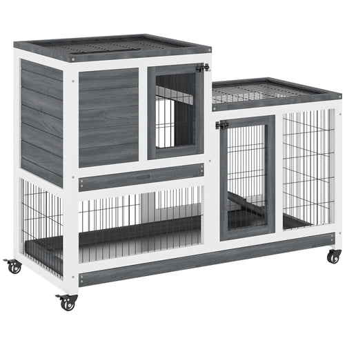 Rabbit Hutch Indoor Bunny Cage Guinea Pig House on Wheels with Run, Pull Out Trays, Grey and White