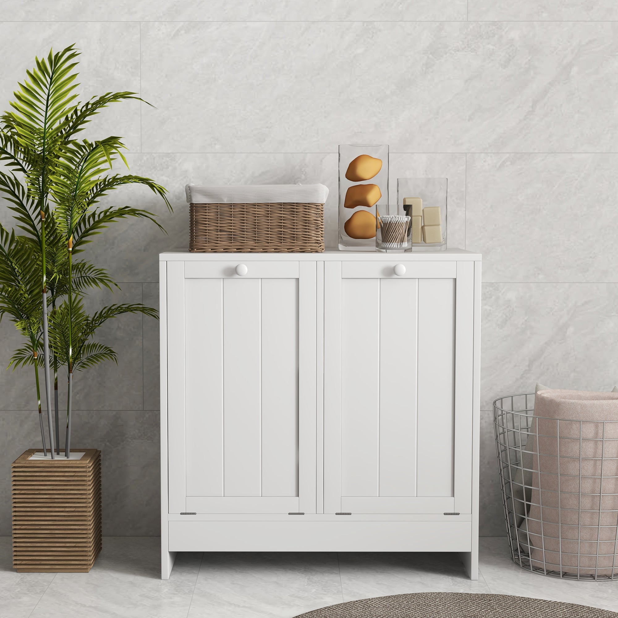 Tilt-Out Laundry Storage Cabinet, Modern Laundry Hamper with 2 Compartments for Bathroom Washroom, White Bathroom Cabinets   at Gallery Canada