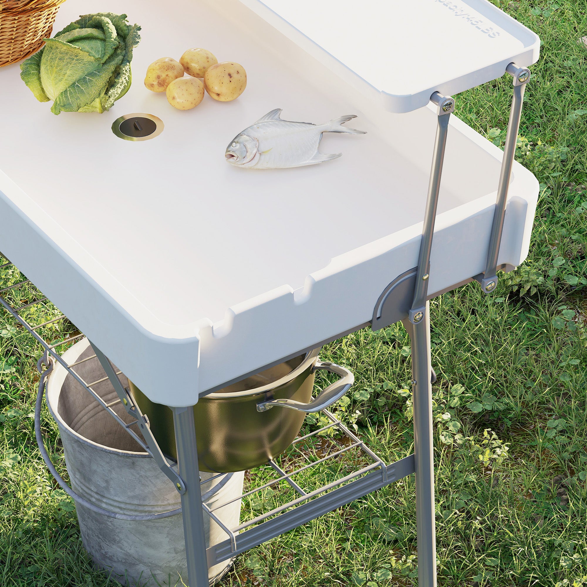 3.5ft Folding Ice Cooler Table with Drain, 2-Tier Outdoor Patio Party Cooler, Fishing Cleaning Table with Storage Shelf for Picnic BBQ Camping Wedding, White Picnic Tables & Camping Chairs at Gallery Canada