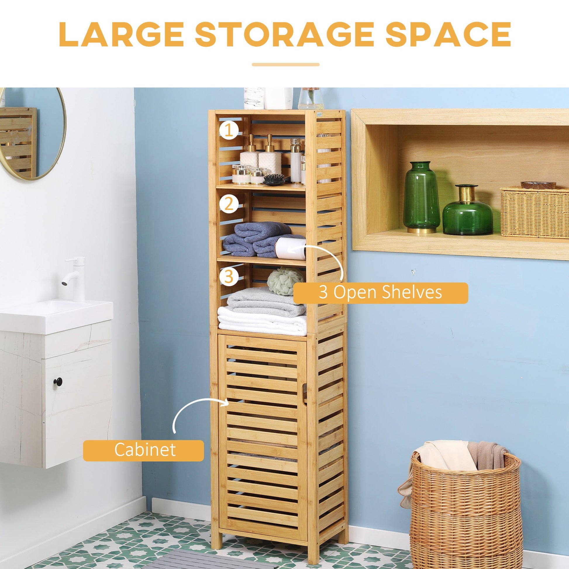 Tall Bathroom Storage Cabinet with 3 Open Shelves, Slim Bamboo Linen Tower Freestanding Linen Towel with Slatted Door, Natural Bathroom Cabinets   at Gallery Canada