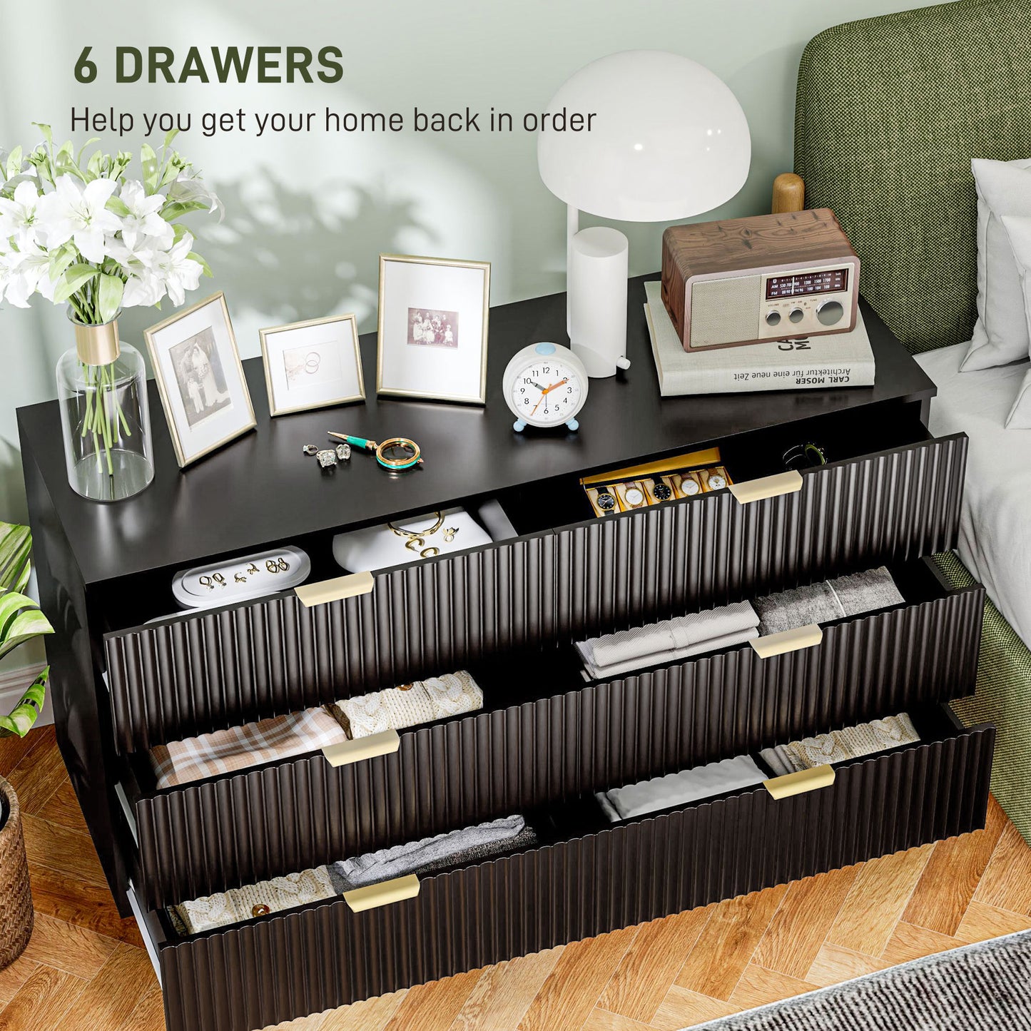 Modern Chest of Drawers 6 Drawer Dresser for Bedroom with Gold Legs and Handles, Black Storage Cabinets at Gallery Canada