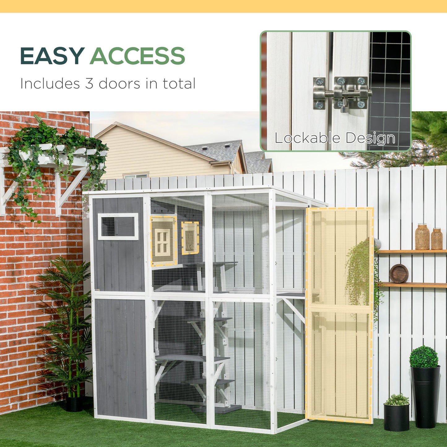 66.5" Wooden Cat Catio with PVC Roof, Platforms, Lockable Doors, Condo, Multi Colour Outdoor Cat Enclosures   at Gallery Canada