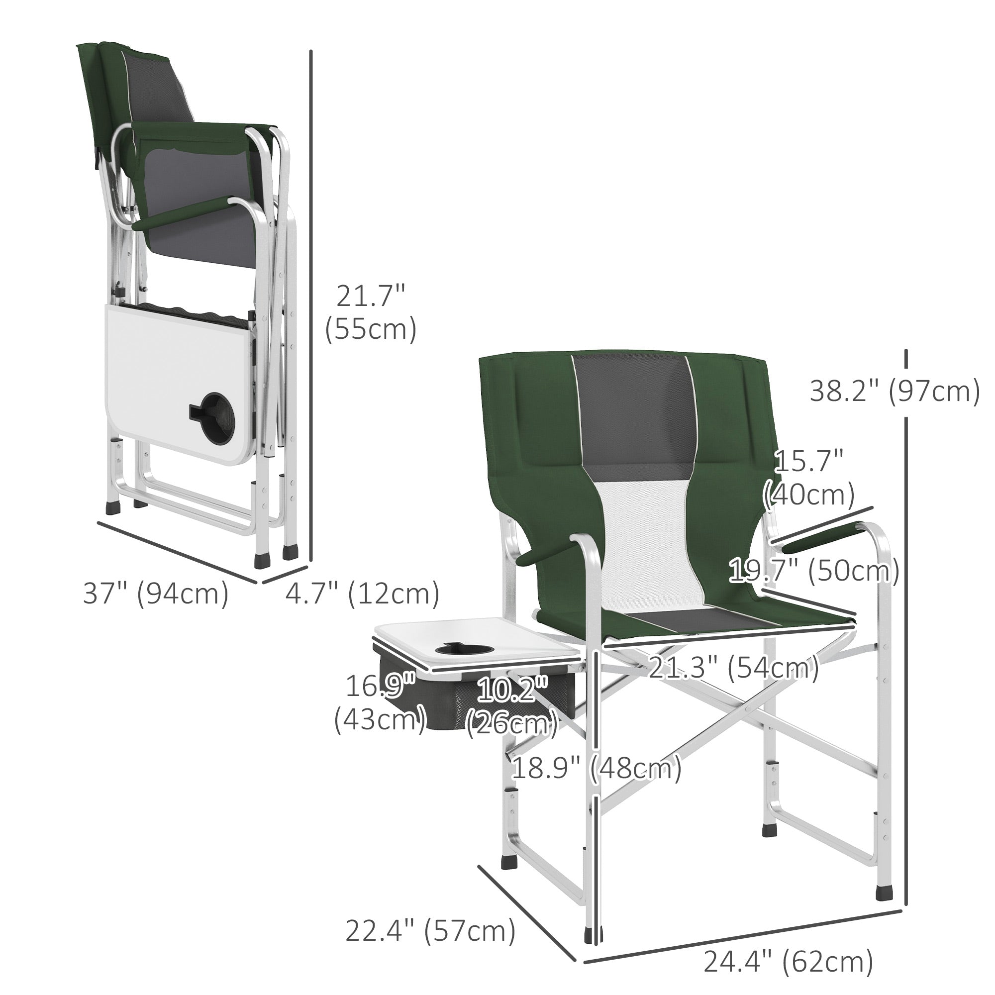 Folding Directors Chair, Aluminum Camping Chair for Adults with Side Table, Cup Holder, Cooler Bag and Pocket, Grey Picnic Tables & Camping Chairs   at Gallery Canada