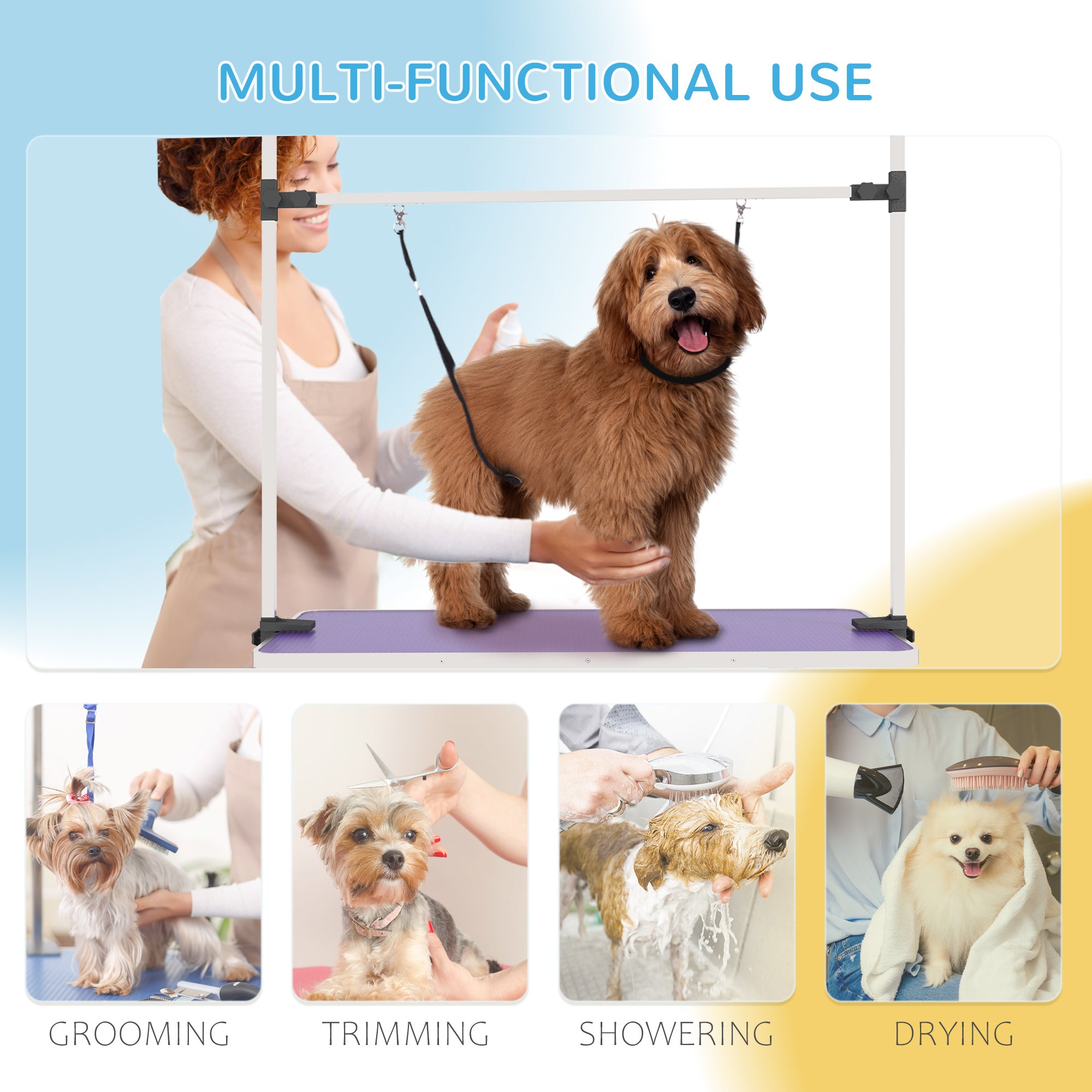 Adjustable Dog Grooming Table with 2 Safety Slings, Storage Basket, Purple Dog Grooming Tables at Gallery Canada