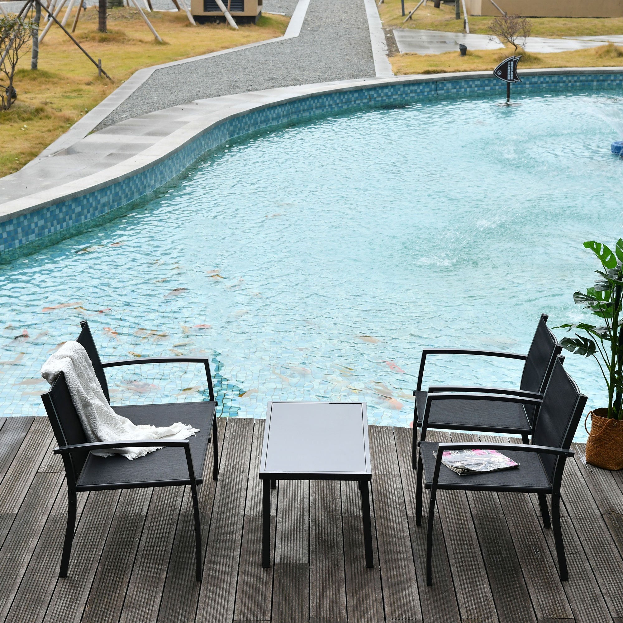 4-Piece Patio Furniture Set with Glass Top Coffee Table, Breathable Mesh Seat &; Backrest for Garden, Balcony, Black Patio Furniture Sets at Gallery Canada