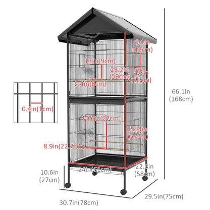 Wrought Metal Bird Cage Feeder with Rolling Stand Perches Food Containers Doors Wheels 67" H, Black Bird Cages   at Gallery Canada