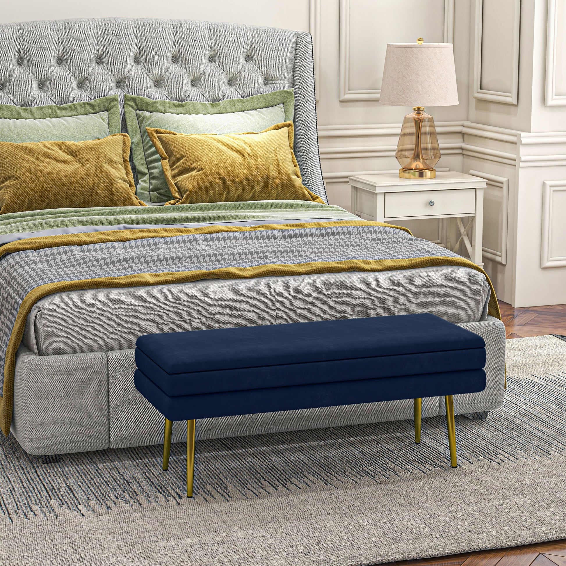 End of Bed Bench, Velvet-feel Upholstered Bench with Thick Padded Seat and Steel Legs, Modern Bedroom Bench, Dark Blue Storage Ottomans & Benches   at Gallery Canada