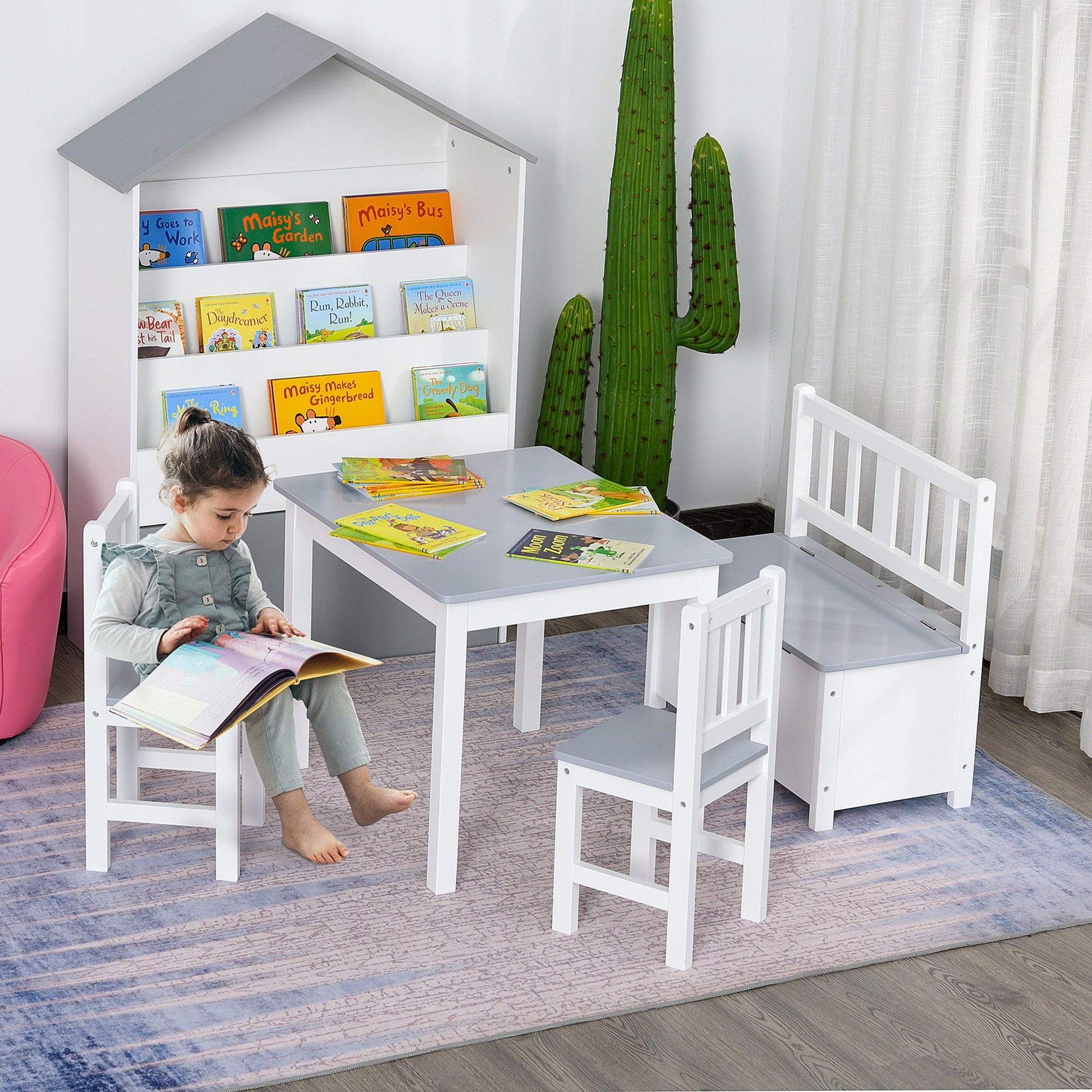 4-Piece Set Kids Wood Table Chair Bench with Storage Function Gift for Toddlers Kids Table Sets   at Gallery Canada