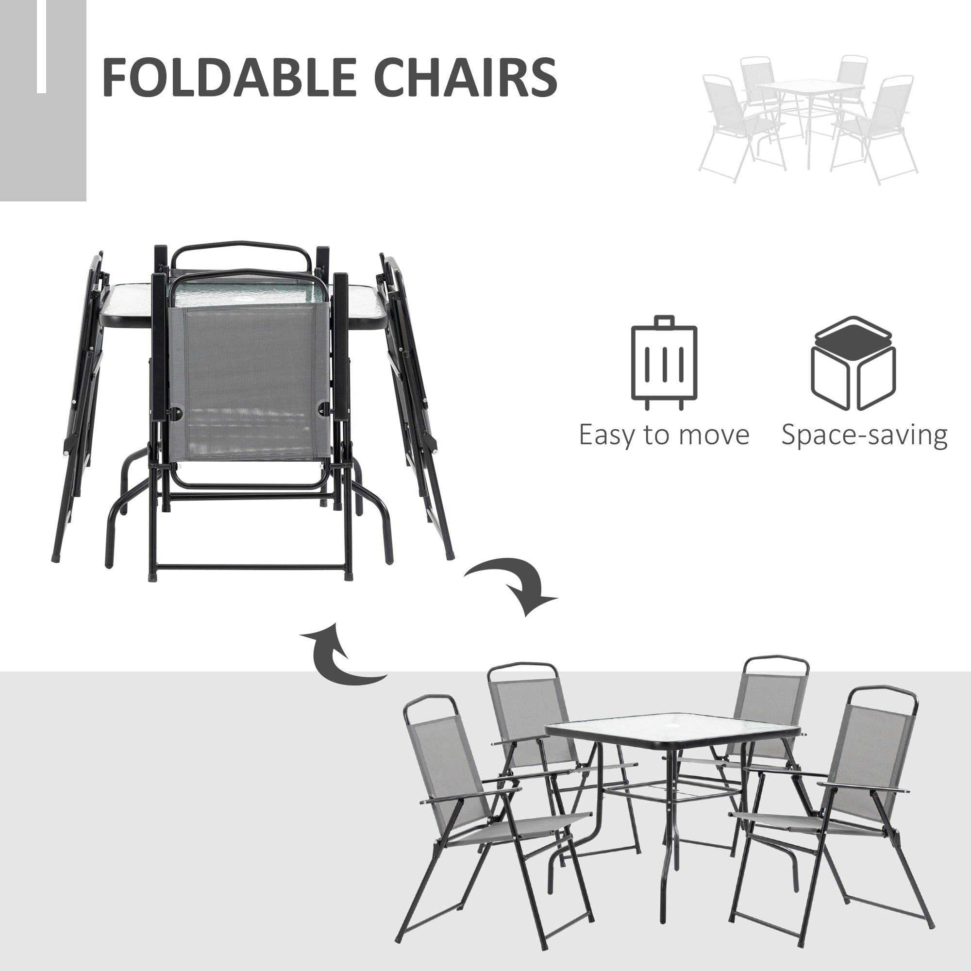 5 Pieces Patio Table and Chairs, Outdoor Dining Set with 4 Folding Chairs, Glass Tabletop and Parasol Hole, Grey Outdoor Dining Sets at Gallery Canada