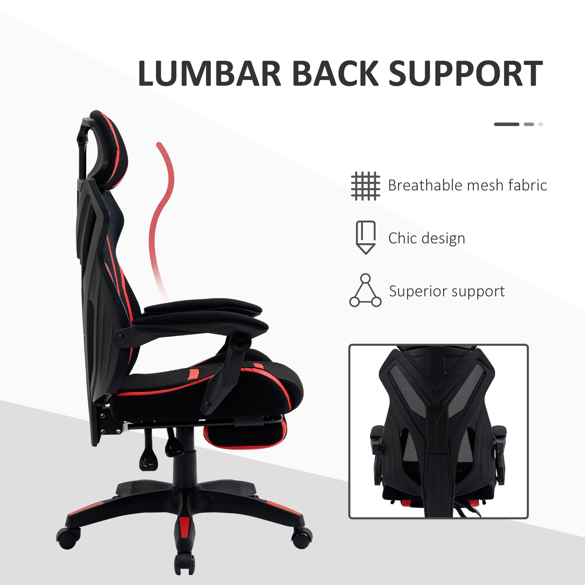 Racing Gaming Chair, Mesh Office Chair, High Back Computer Chair with Footrest, Lumbar Back Support, Swivel Wheels, Adjustable Height, Black Red Video Game Chairs   at Gallery Canada