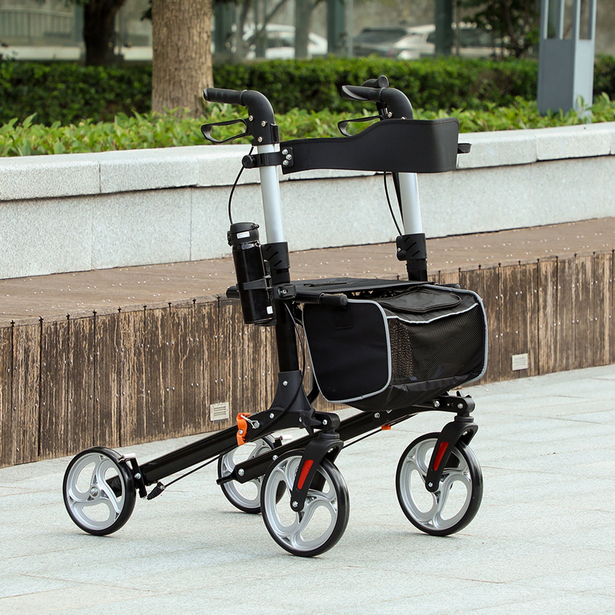 Lightweight Folding Rolling Walker with Large Seat, Back, Adjustable Handle, Bag, Dual Brake, Cane Holder, Black Knee Walker & Wheelchair Ramps at Gallery Canada