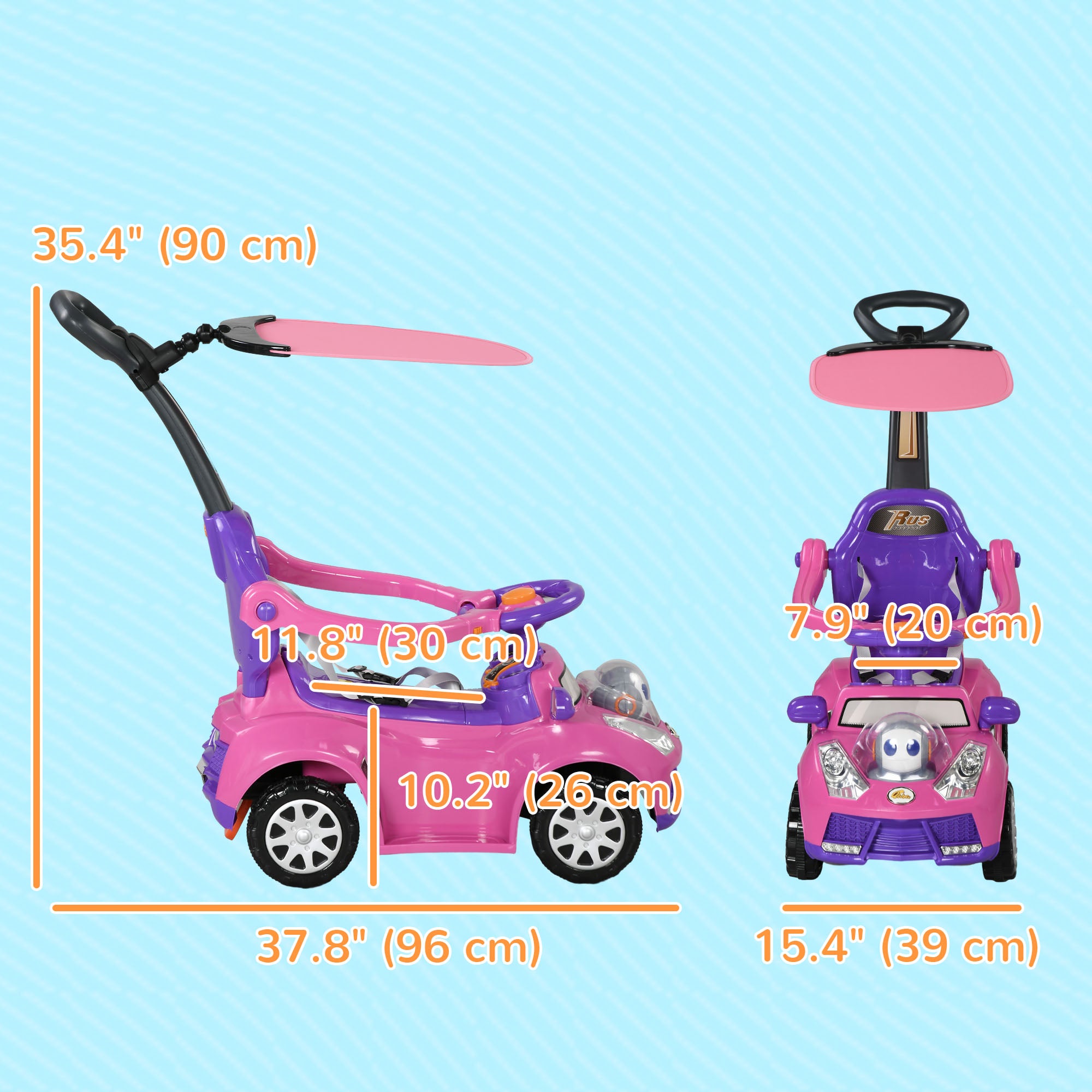 3 in 1 Kids Push Car Toddler Sliding Car, Foot to Floor Design with Music, Light, Handle, Removable Canopy, Pink Push Cars for Toddlers   at Gallery Canada