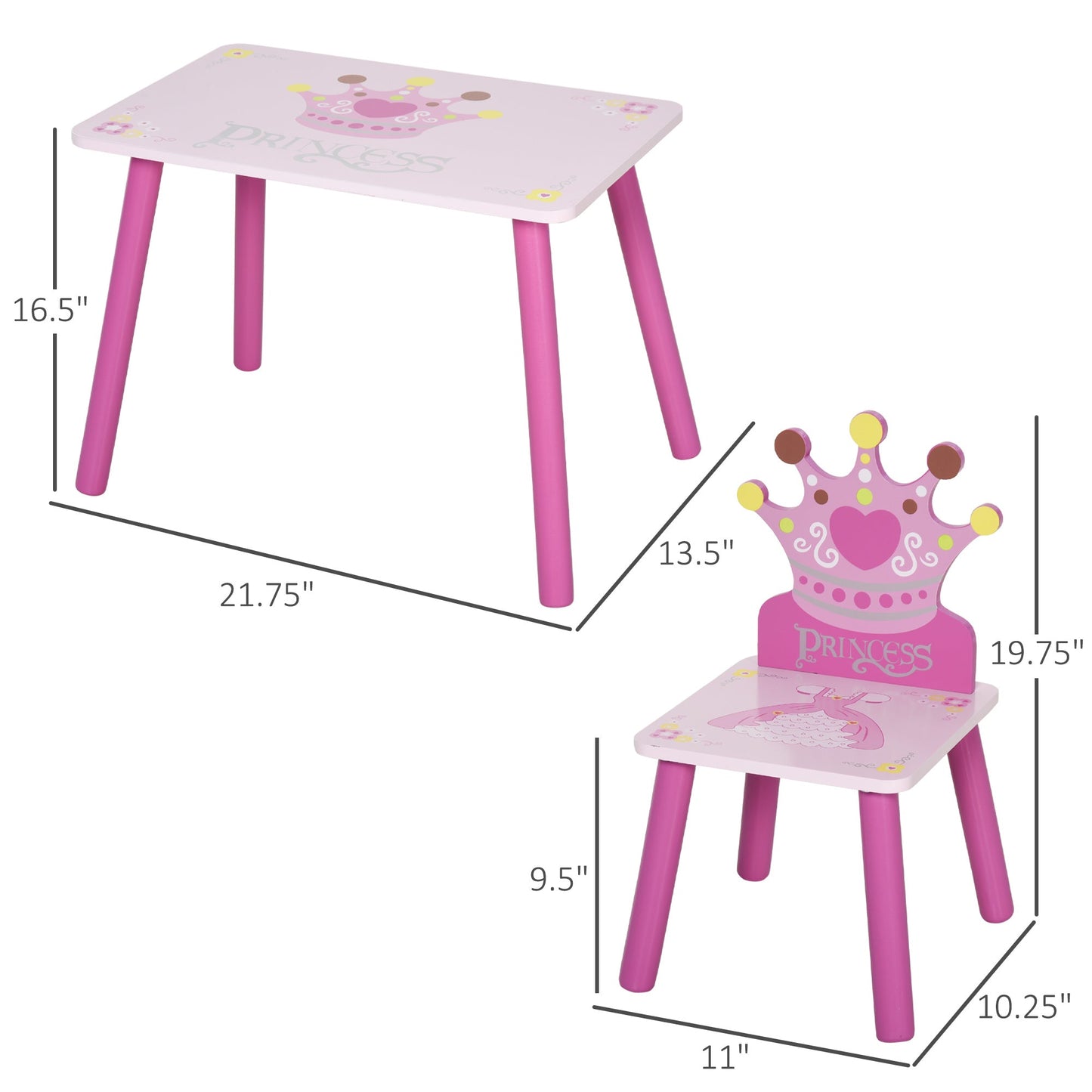 3-Piece Set Kids Wooden Table Chair with Crown Pattern Easy to Clean Gift for Girls Toddlers Age 2-4 Years Old Pink Kids Table Sets Pink  at Gallery Canada