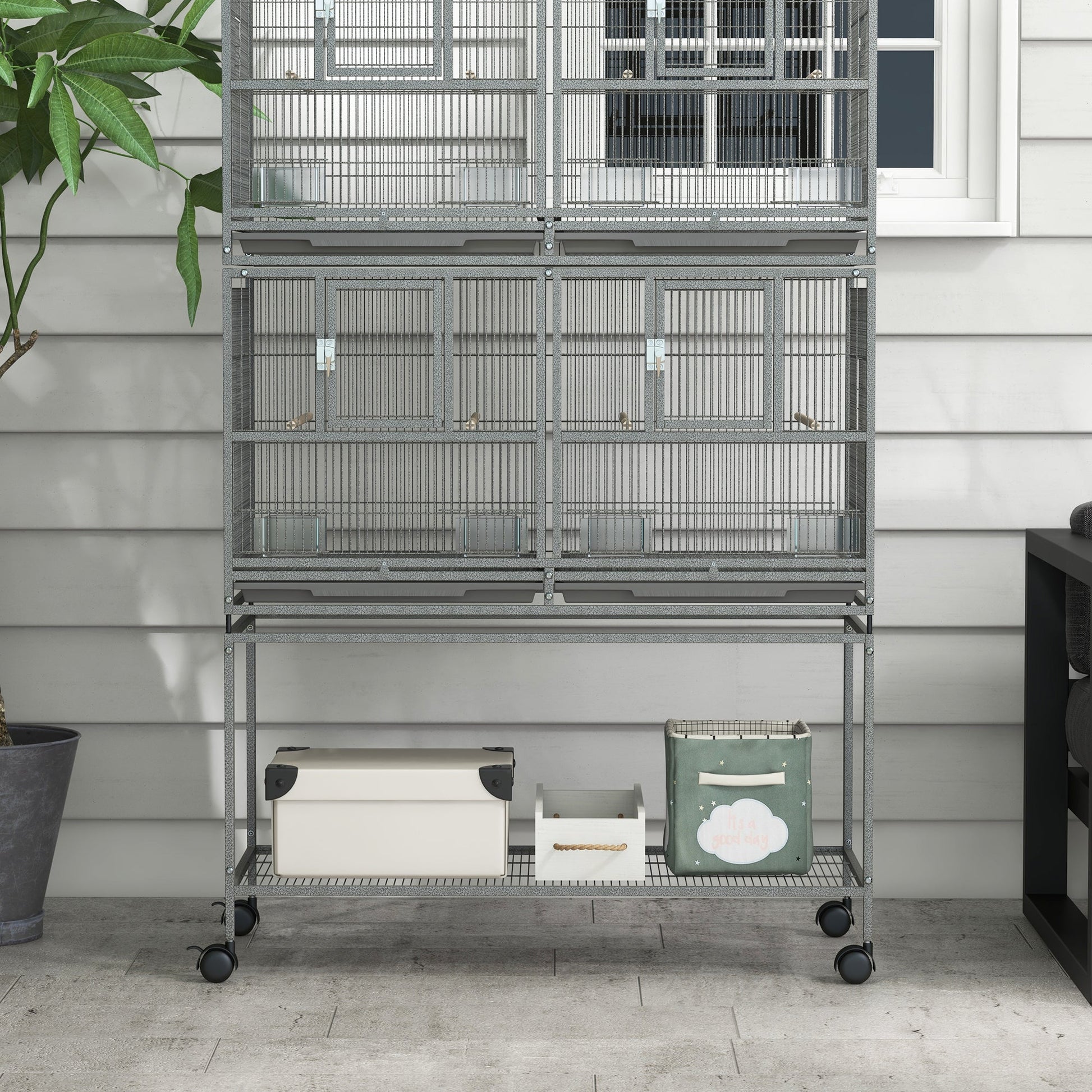 61"H Divided Breeder Bird Cage with Rolling Stand Removable Metal Tray, Storage Shelf, Wood Perch, and Food Container, Dark Grey Bird Cages   at Gallery Canada