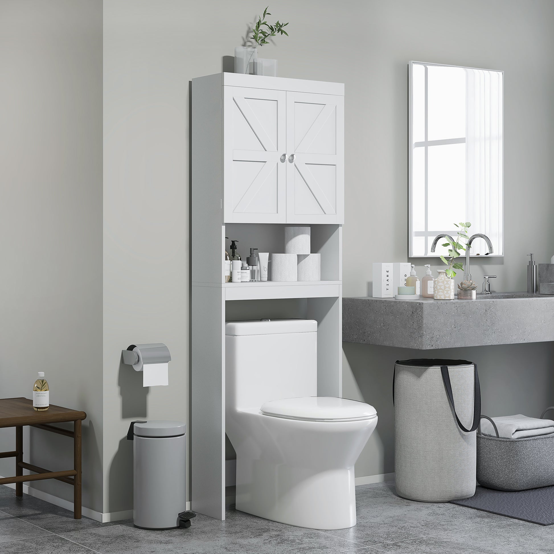 Over The Toilet Cabinet, Modern Bathroom Above Toilet Storage with Barn Doors and Open Shelf, White Over The Toilet Storage   at Gallery Canada