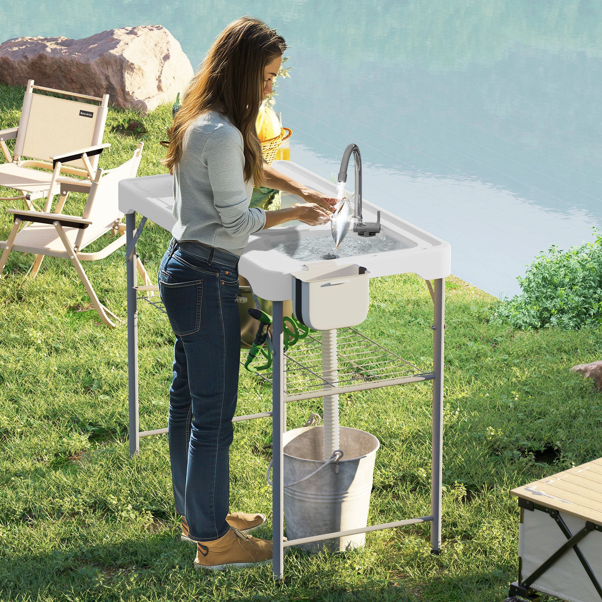 Folding Fish Cleaning Table with Sinks, Camping Sink with Faucet Drainage Hose Sprayer Shelf Drawer Storage Basket, Outdoor Sink Station for Beach Patio Picnic, White Picnic Tables & Camping Chairs at Gallery Canada