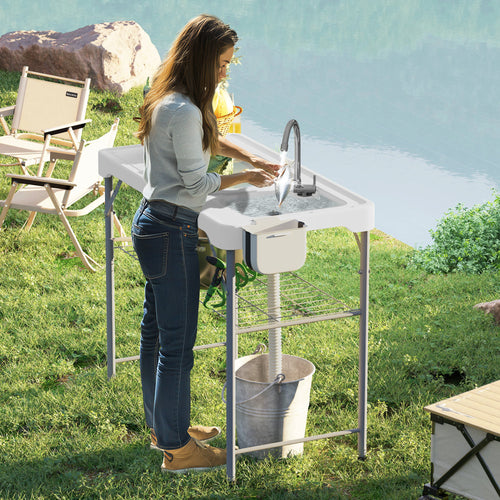 Folding Fish Cleaning Table with Sinks, Camping Sink with Faucet Drainage Hose Sprayer Shelf Drawer Storage Basket, Outdoor Sink Station for Beach Patio Picnic, White