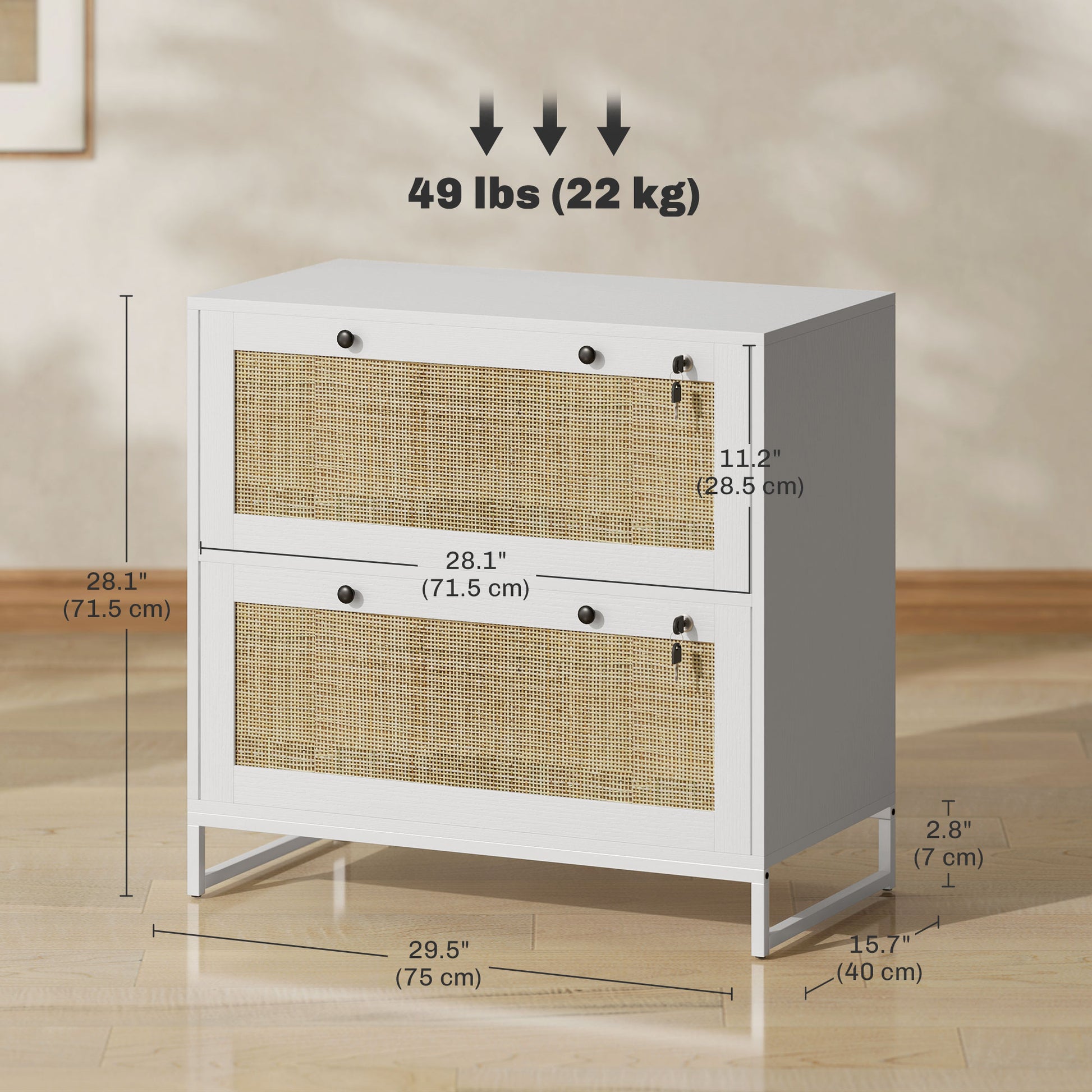 2-Drawer Filing Cabinet with Lock, Rattan File Cabinet with Adjustable Hanging Bar, White Office Cabinets & Cupboards at Gallery Canada