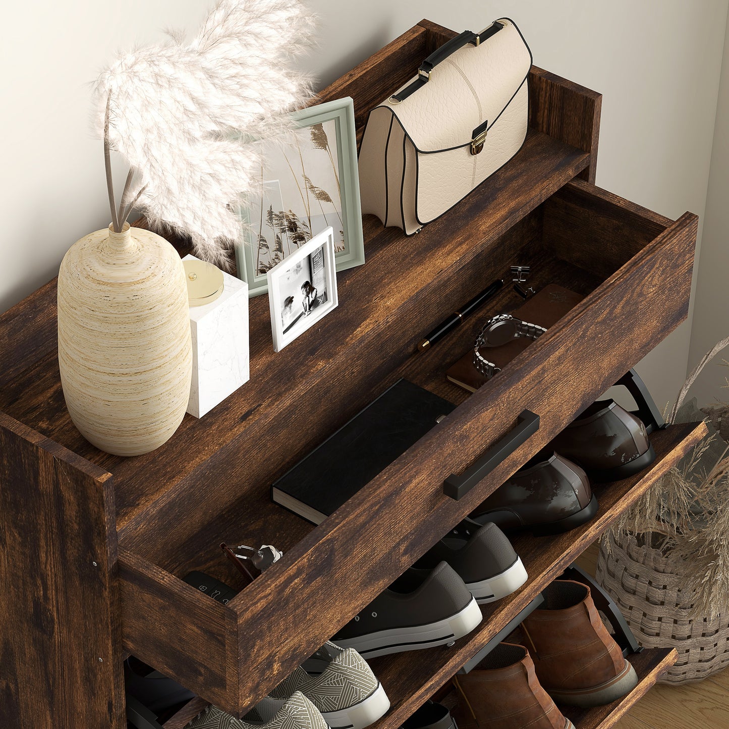 Slim Shoe Storage with 2 Flip Drawers and Adjustable Shelves Shoe Cabinet Organizer for 12 Pair, Rustic Brown Shoe Storage Cabinets & Racks   at Gallery Canada