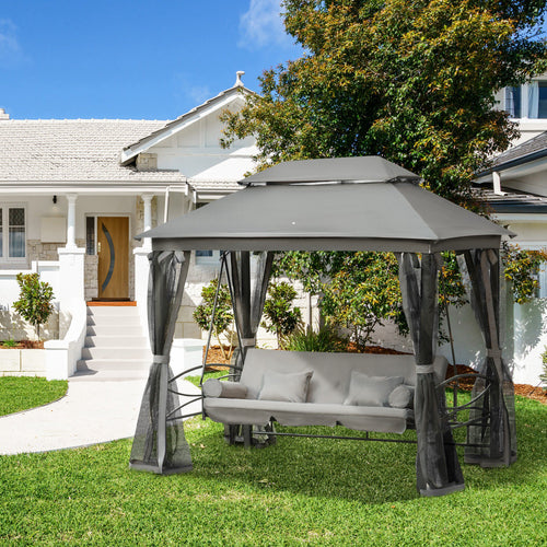 3 Person Outdoor Patio Daybed, 3 in 1 Canopy Gazebo Swing Chair Garden Hammock with Sun Shade, Mesh Mosquito and Net, Dark Grey
