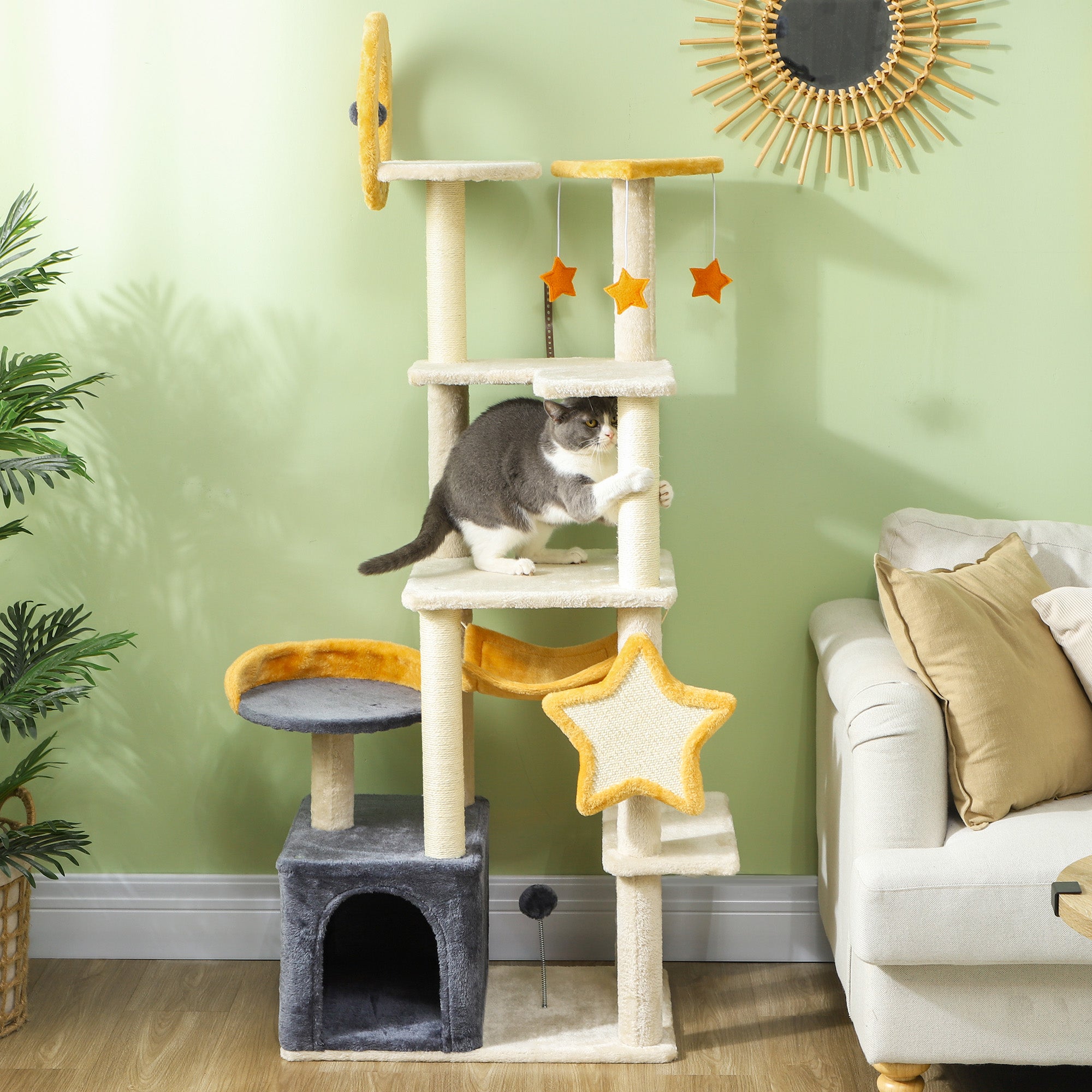 Star and Moon Themed Cat Tree with Cat Scratching Posts, Cat Condo, Bed, Scratching Board, Cat Toys, Beige Cat Towers Multi Colour  at Gallery Canada