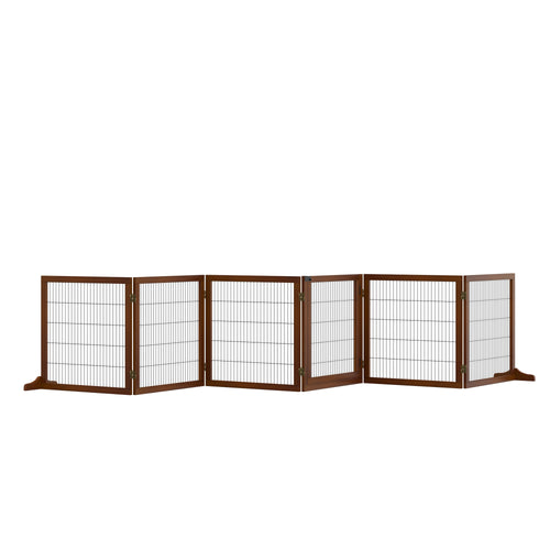 Wooden Pet Gate, Dog Safety Barrier, Freestanding Foldable Fence, w/ 6 Panels, 2 Support Feet, for House Doorway Stairs, Small &; Medium Dogs, Coffee