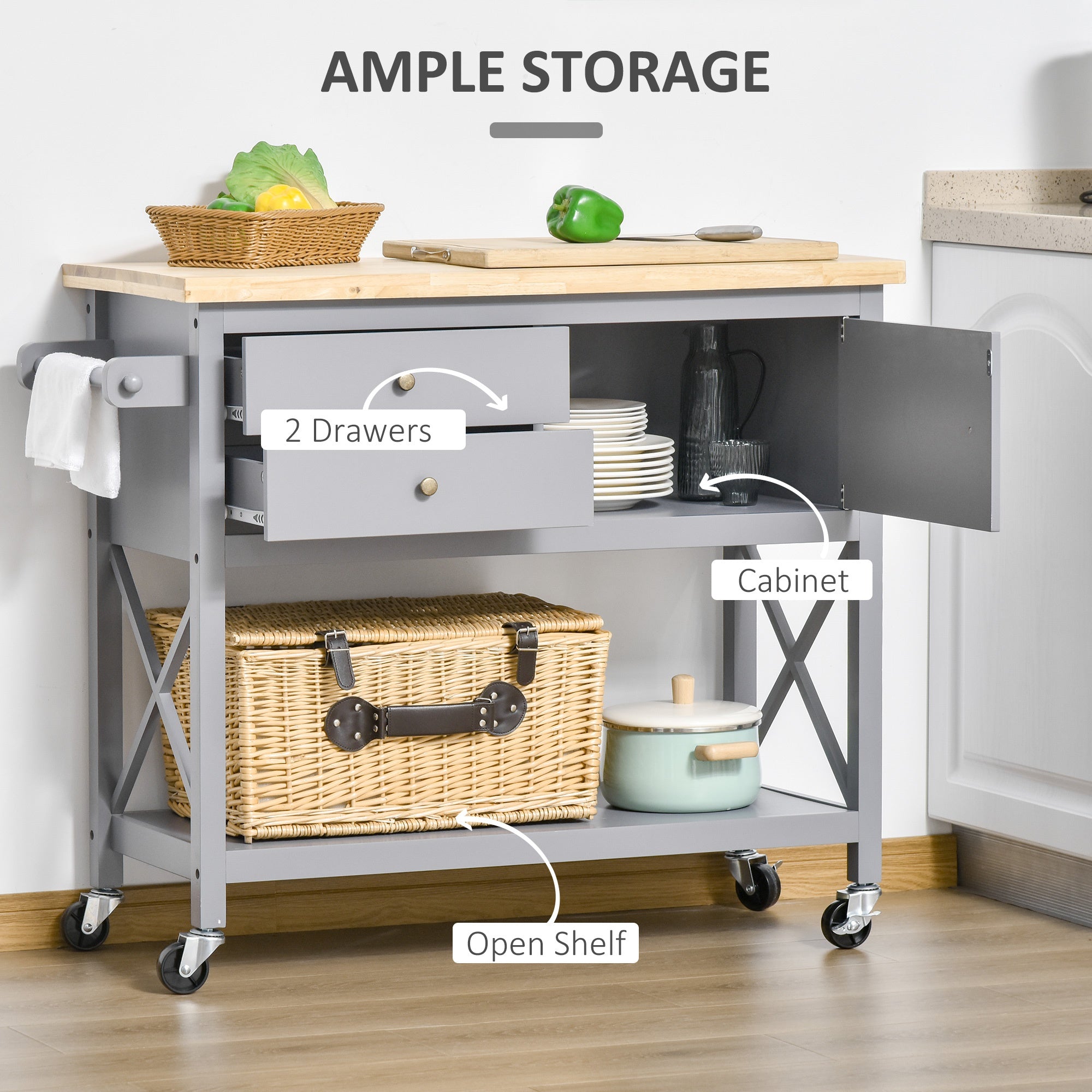 Utility Kitchen Cart Rolling Kitchen Island Storage Trolley with Rubberwood Top, 2 Drawers, Towel Rack, Gray Kitchen Islands & Kitchen Carts   at Gallery Canada