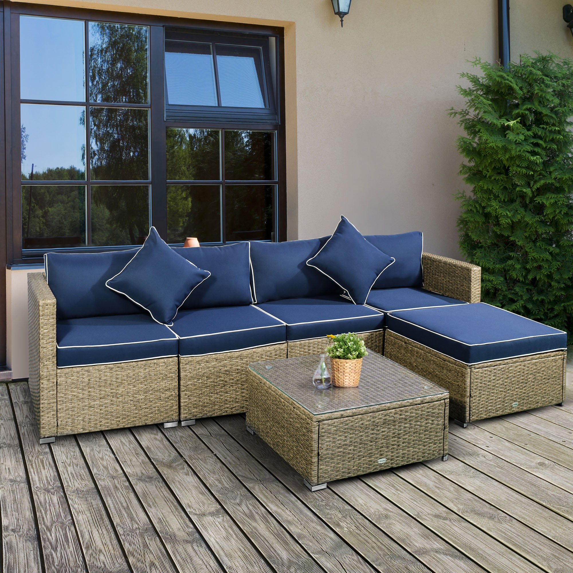 6 Pieces Outdoor PE Rattan Wicker Patio Furniture Sofa Set with Thick Cushions, Deluxe Garden Sectional Couch with Glass Top Table, Yellow and Navy Blue Patio Furniture Sets at Gallery Canada