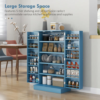 41" Storage Cabinet, 2-Door Kitchen Pantry Cabinet with 5-tier Shelving, 12 Spice Racks and Adjustable Shelves, Blue Kitchen Pantry Cabinets   at Gallery Canada