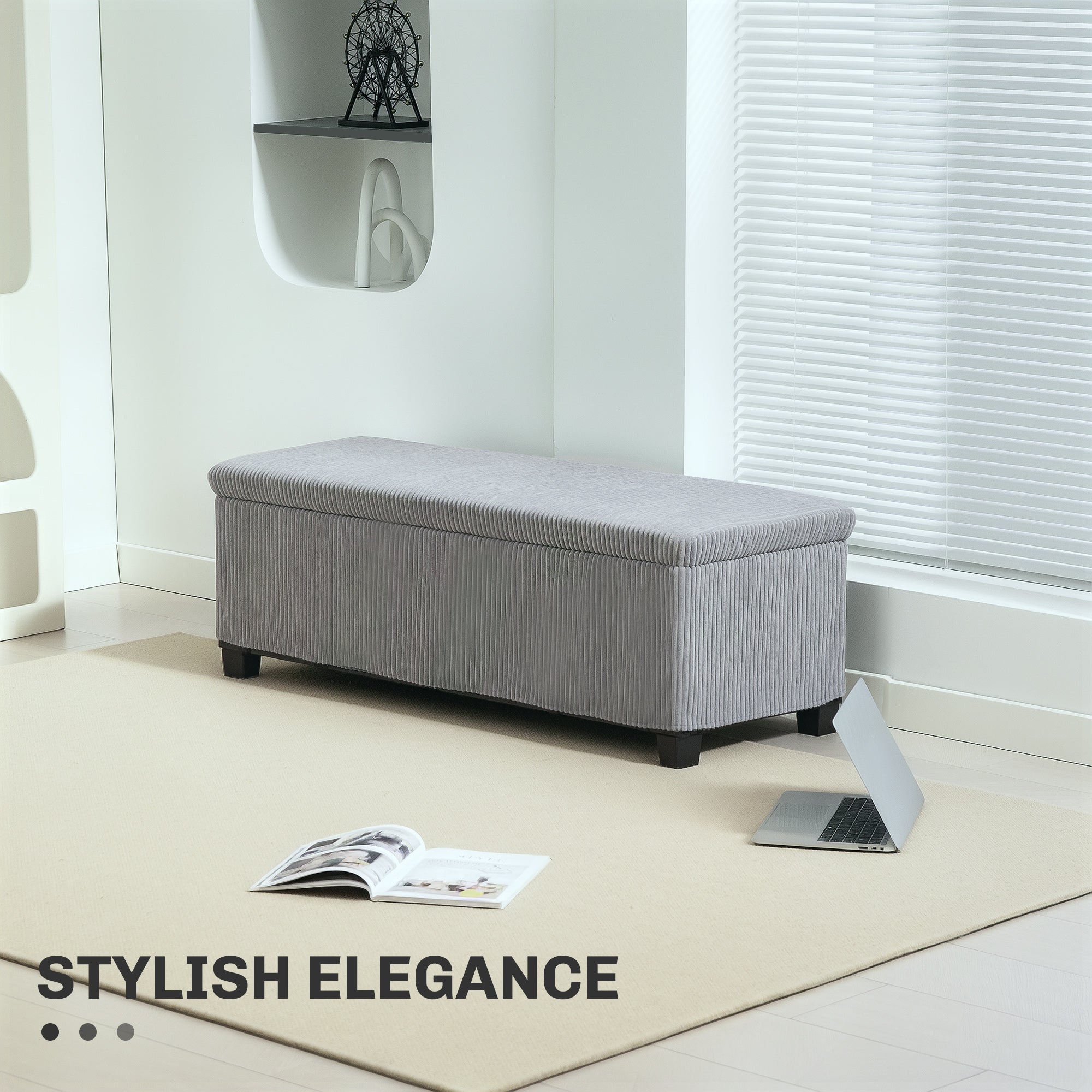 44 Inches Ottoman with Storage, Lid, Legs, Corduroy End of Bed Bench for Living Room, Bedroom, Entryway, Light Grey Storage Ottomans & Benches at Gallery Canada