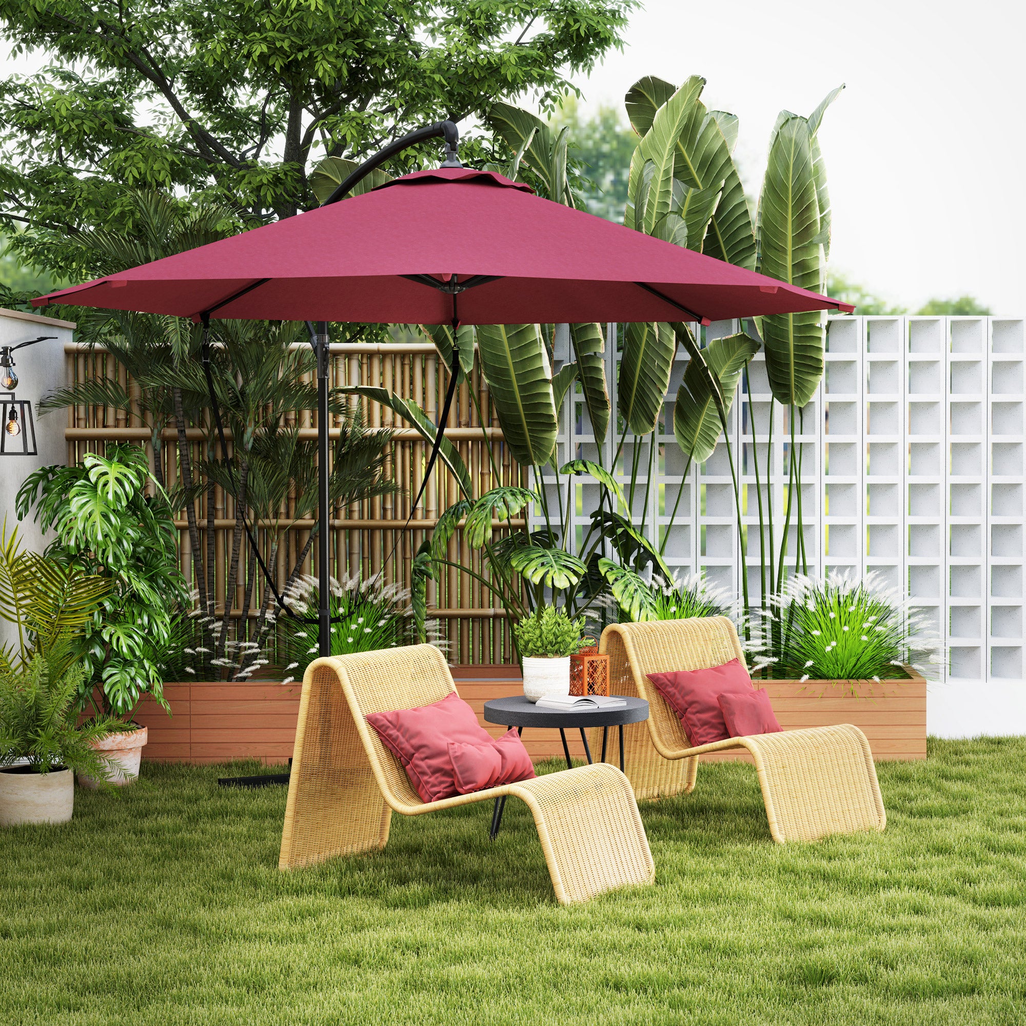 9.5' Cantilever Umbrella with Wind Protection Strap and Cover, Hanging Umbrella with Crank and Cross Base, UPF 50+, Red Offset Cantilever Umbrellas at Gallery Canada