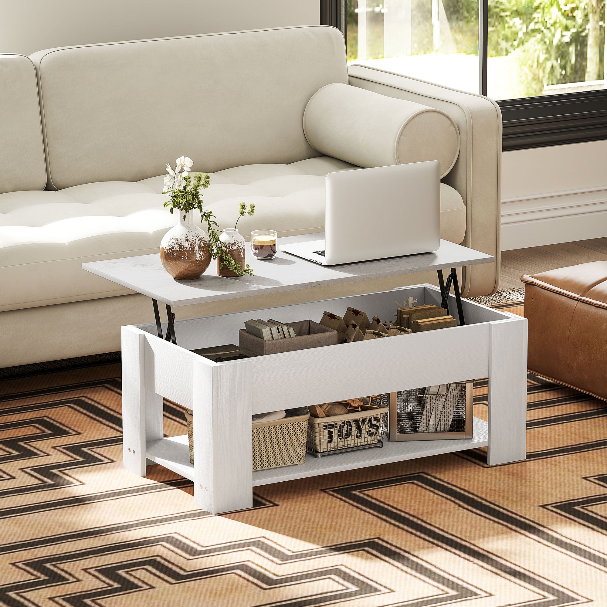 Lift Top Coffee Table with Hidden Storage Compartment and Open Shelf, Center Table for Living Room, White Coffee Tables White  at Gallery Canada