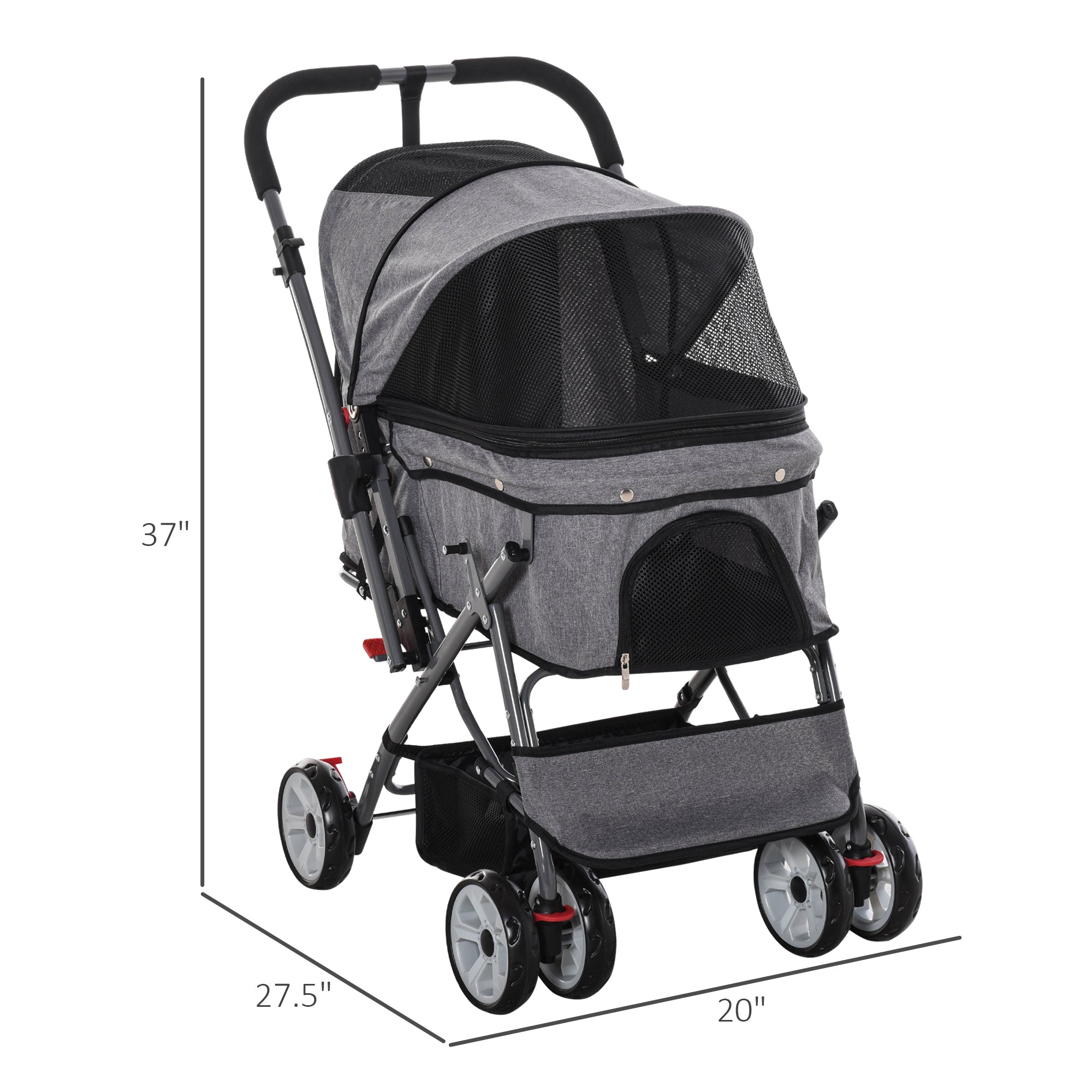 4 Wheels Pet Stroller w/ Reversible Handle, Foldable Dog Cat Travel Carriage w/ EVA Wheels Basket Storage Bag 3-stage Canopy Grey Dog Bike Trailers & Strollers   at Gallery Canada