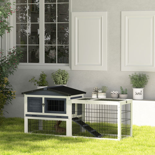 Wood Rabbit Hutch w/ Ramp, Openable Roof, Pull-out Tray, Dark Grey