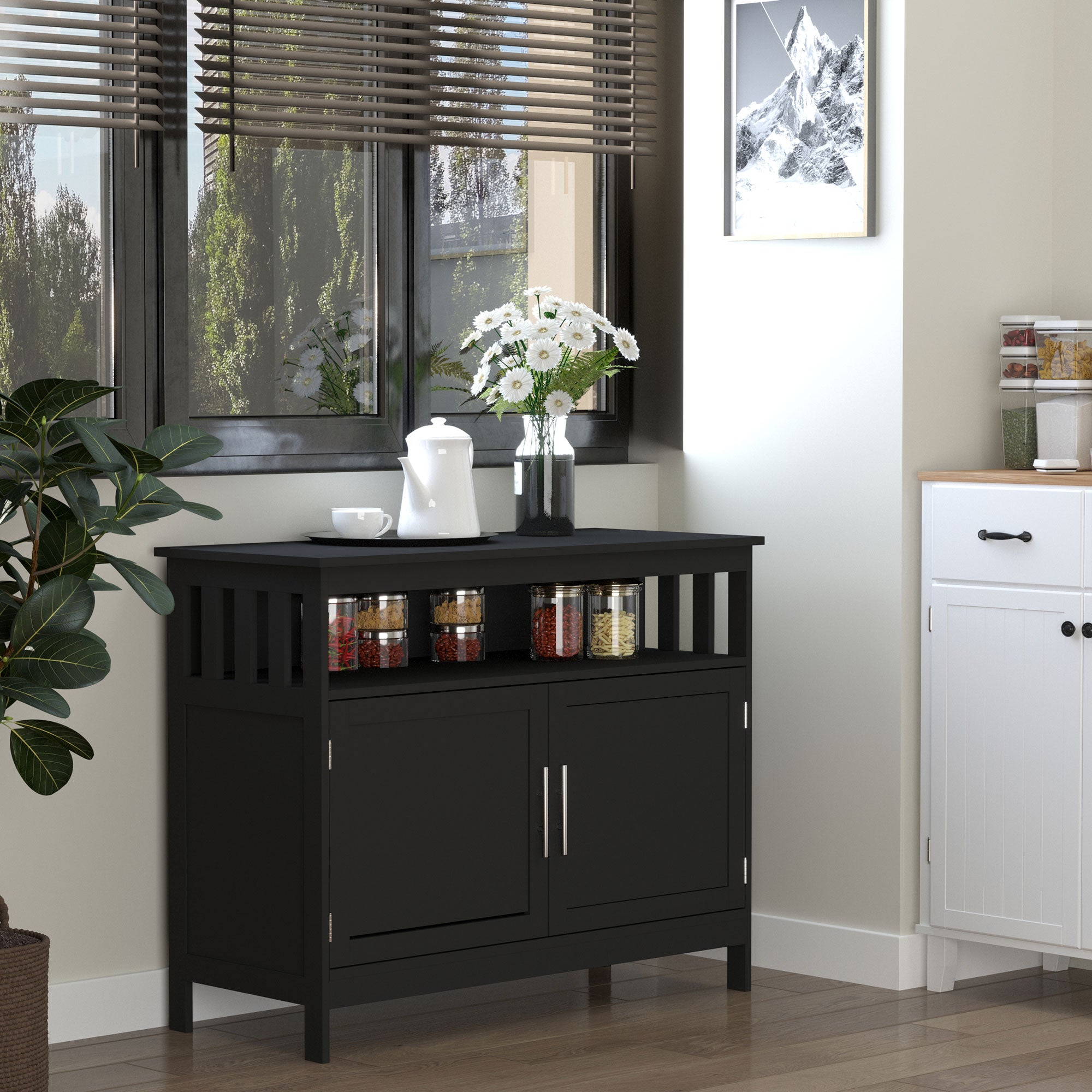 Kitchen Sideboard, Buffet Cabinet, Wooden Storage Console Table with 2-Level Cabinet and Open Shelf, Black Bar Cabinets at Gallery Canada