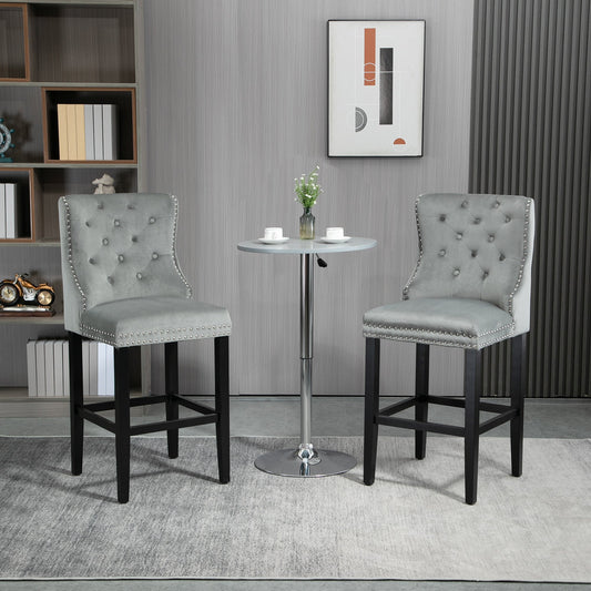 Upholstered Fabric Bar Stool Set of 2, Button Tufted 29.5" Seat Height Pub Chairs with Back &; Wood Legs, Grey - Gallery Canada