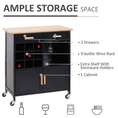 Portable Kitchen Trolley with Bamboo Top Storage Cabinet and Wine Rack (Black ) Kitchen Islands & Kitchen Carts   at Gallery Canada