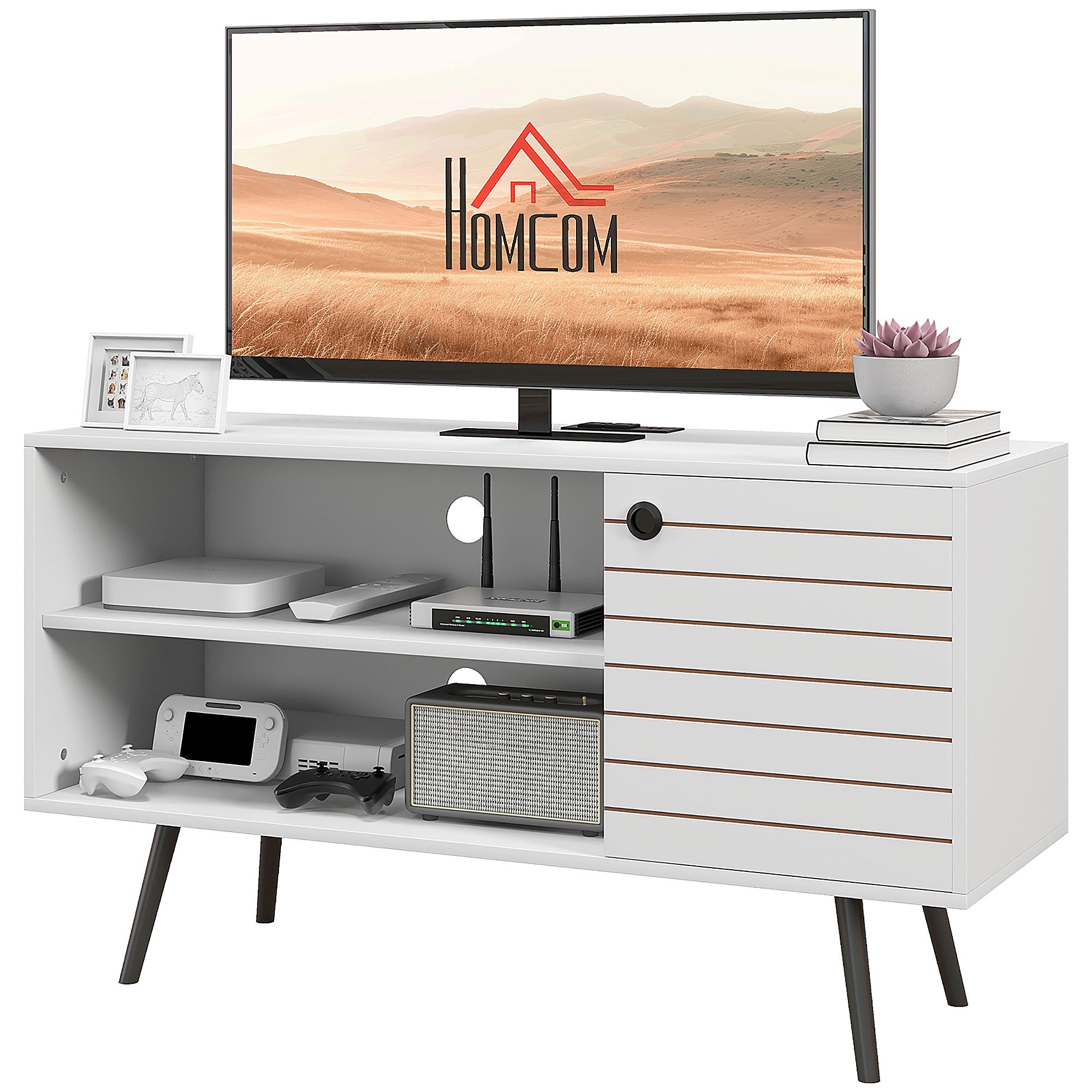 TV Stand Cabinet for 50-Inch, TV Table with Charging Station, Television Stand with Open Shelves, Door and Cable Holes TV Stands   at Gallery Canada