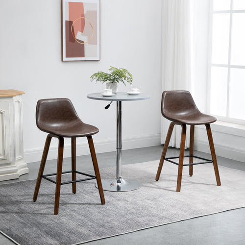 Counter Height Bar stools Set of 2 Mid-Back PU Leather Bar Chairs with Wood Legs, Brown