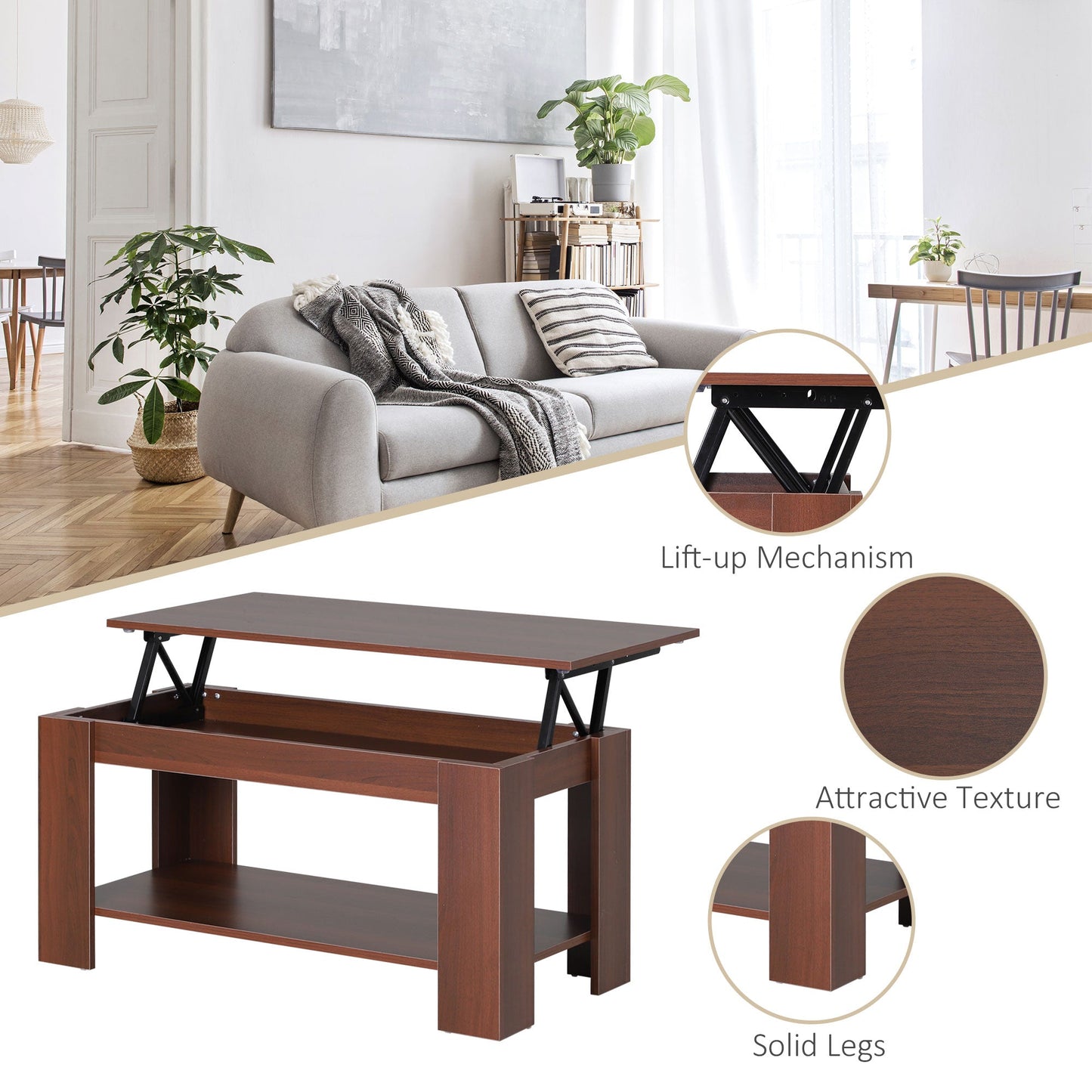 Modern Lift Top Coffee Table, Convertible Center Table with Hidden Storage Compartment and Storage Shelf for Living Room Coffee Tables   at Gallery Canada