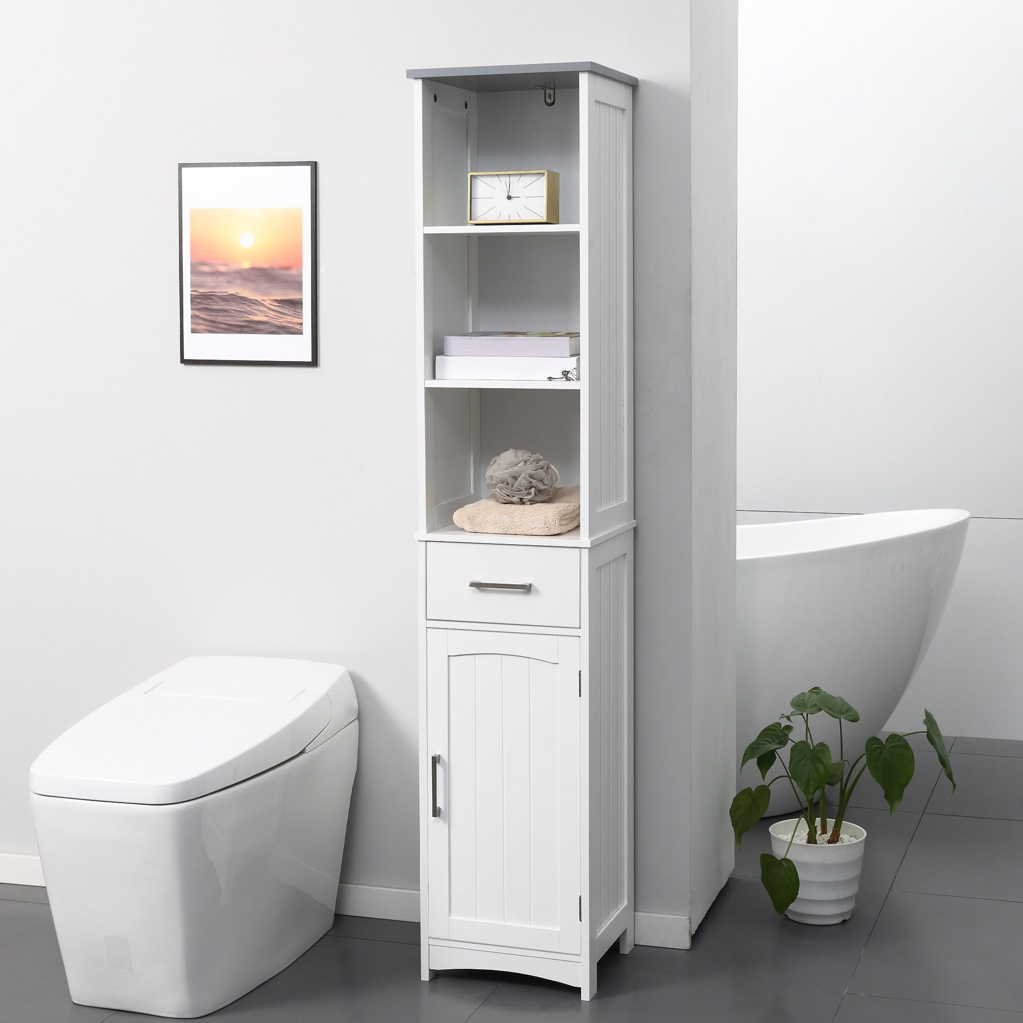 Tall Bathroom Storage Cabinet with 3 Tier Shelf, Cupboard, Drawer, Door, Freestanding Linen Tower, Slim Side Organizer, White Bathroom Cabinets   at Gallery Canada